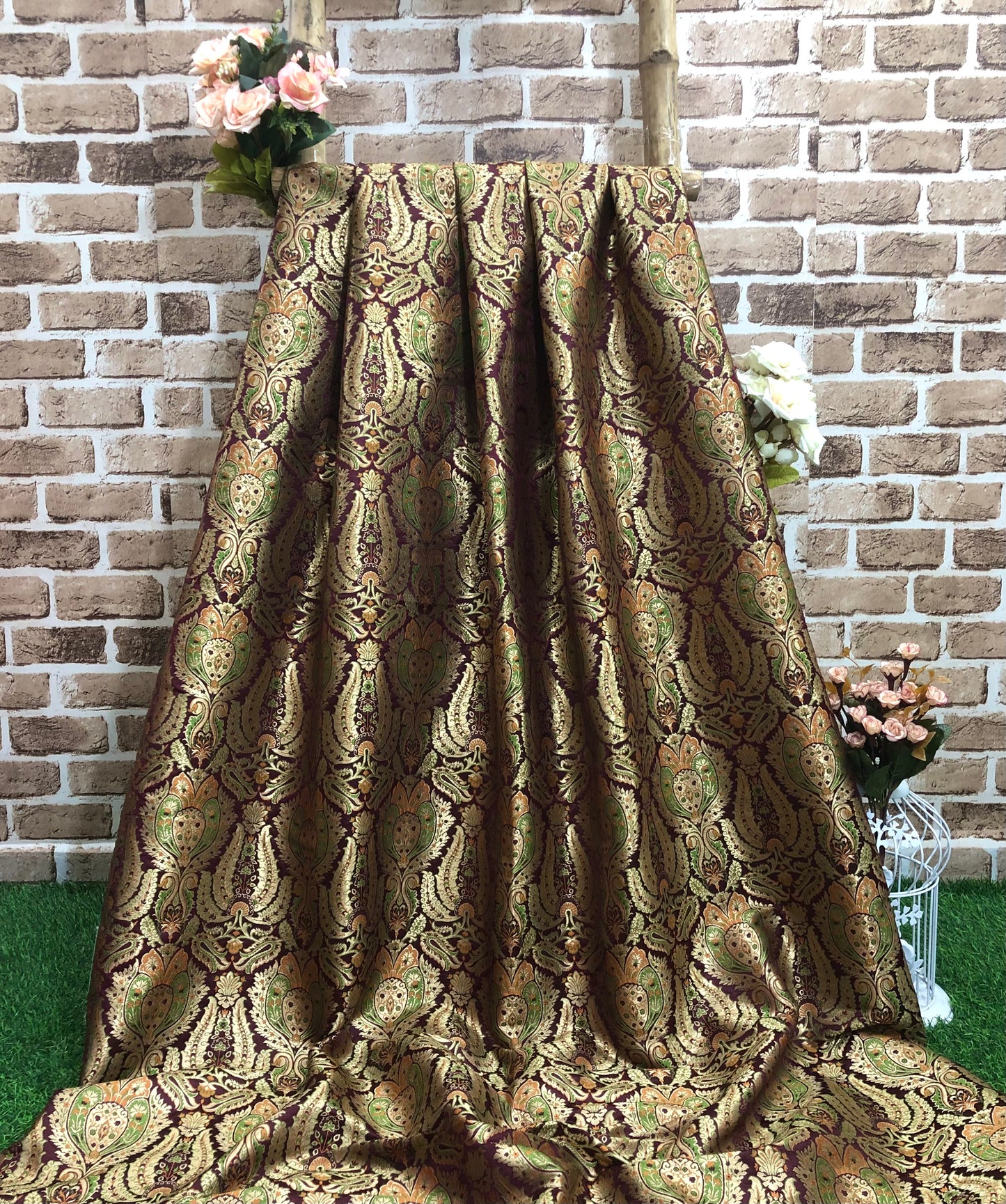 Banarasi Brocade Fabric Burgundy gold Damask jacquard brocade fabric Hautecouture Wedding dress Renaissance brokat fabric by the yard