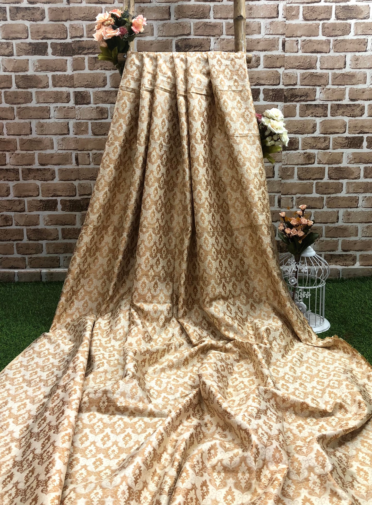 Banarasi Brocade Fabric, Beige Gold Jacquard fabric, Rayon silk brocade, Medieval fabric, Designer fabric, Gold fabric - NFAF859