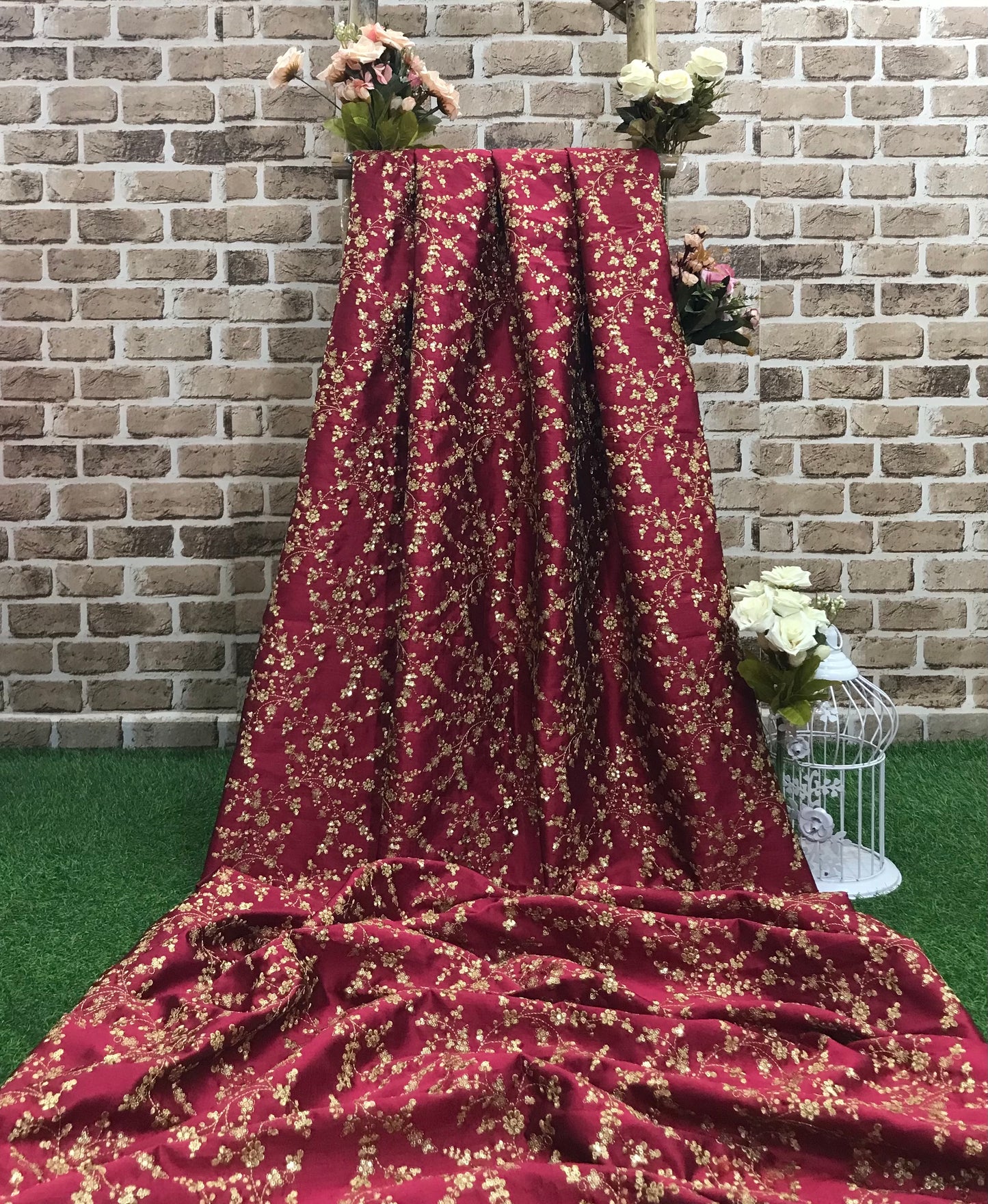 Embroidered fabric, Fuchsia red gold Royal fabric, Haute couture, Fashion fabric, Embroidery design, Fabric store, Floral design - NFAF721