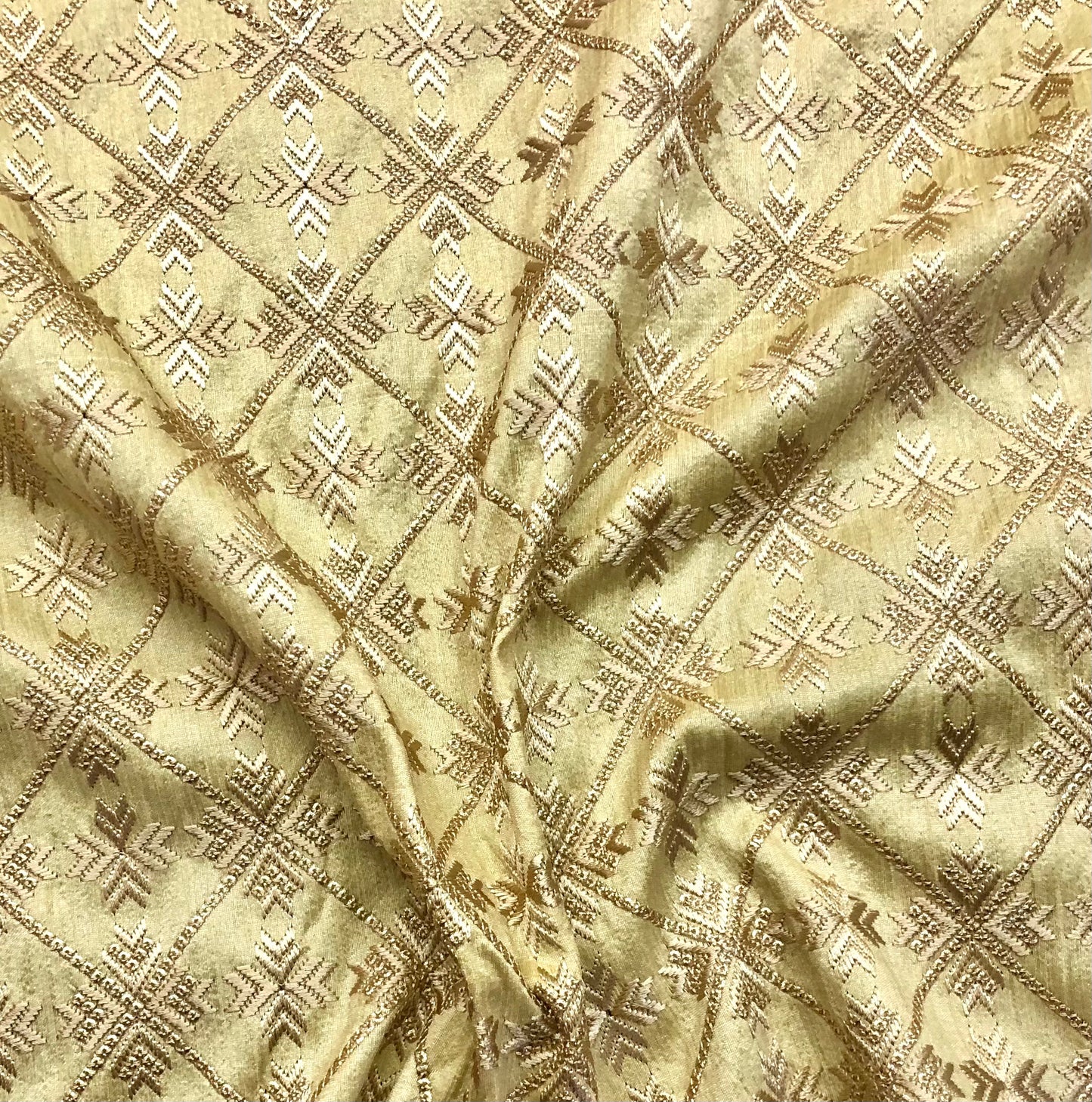 Beige embroidered fabric, Wedding dress, Indian fabric, Thread embroidery, Gold flower, Handmade, Haute couture - NFAF858