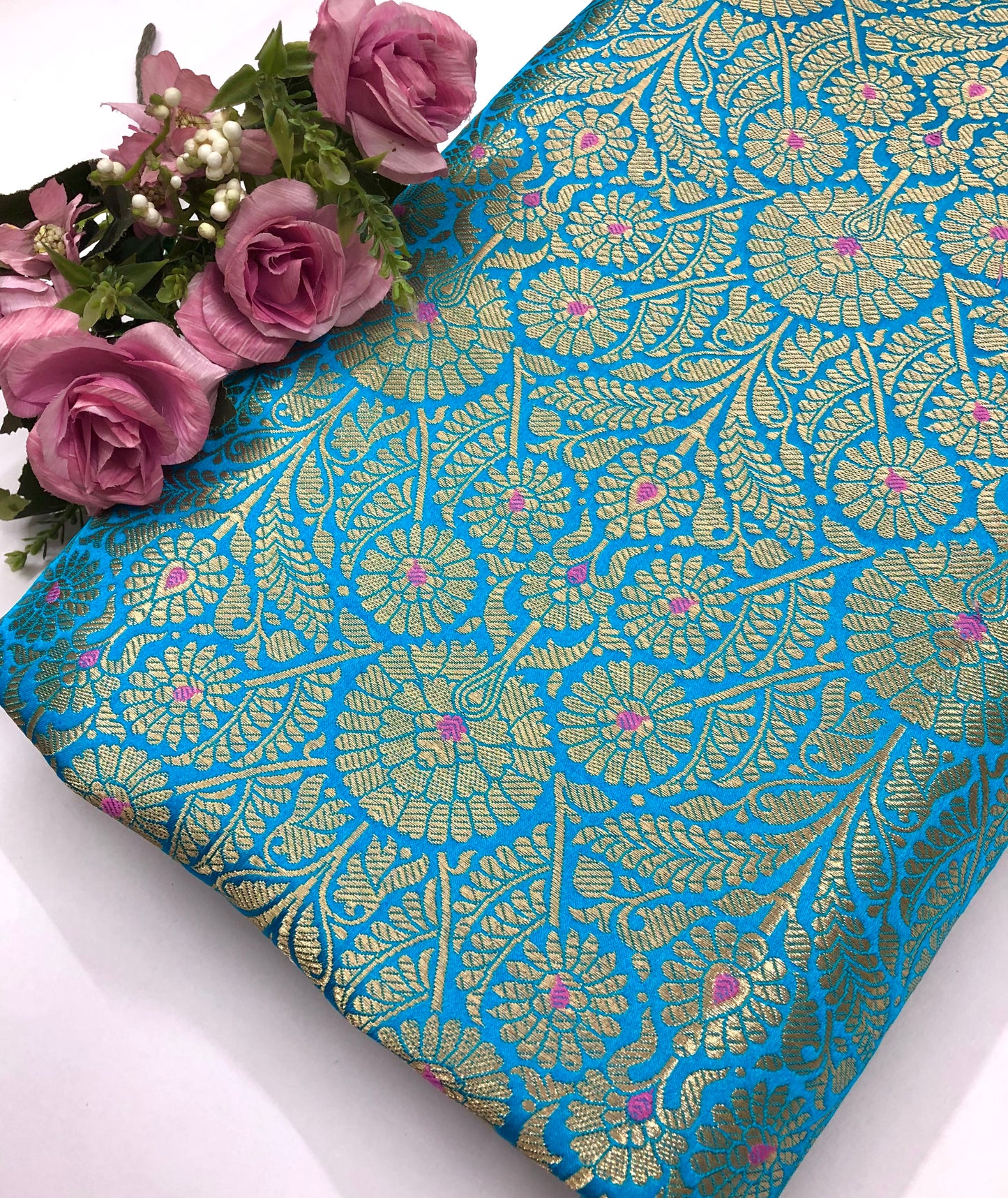 Indian Banarasi Brocade Fabric, Blue Gold Jacquard fabric, Floral brocade, Rayon silk brocade, Fabric by the yard/meter - NFAF1091