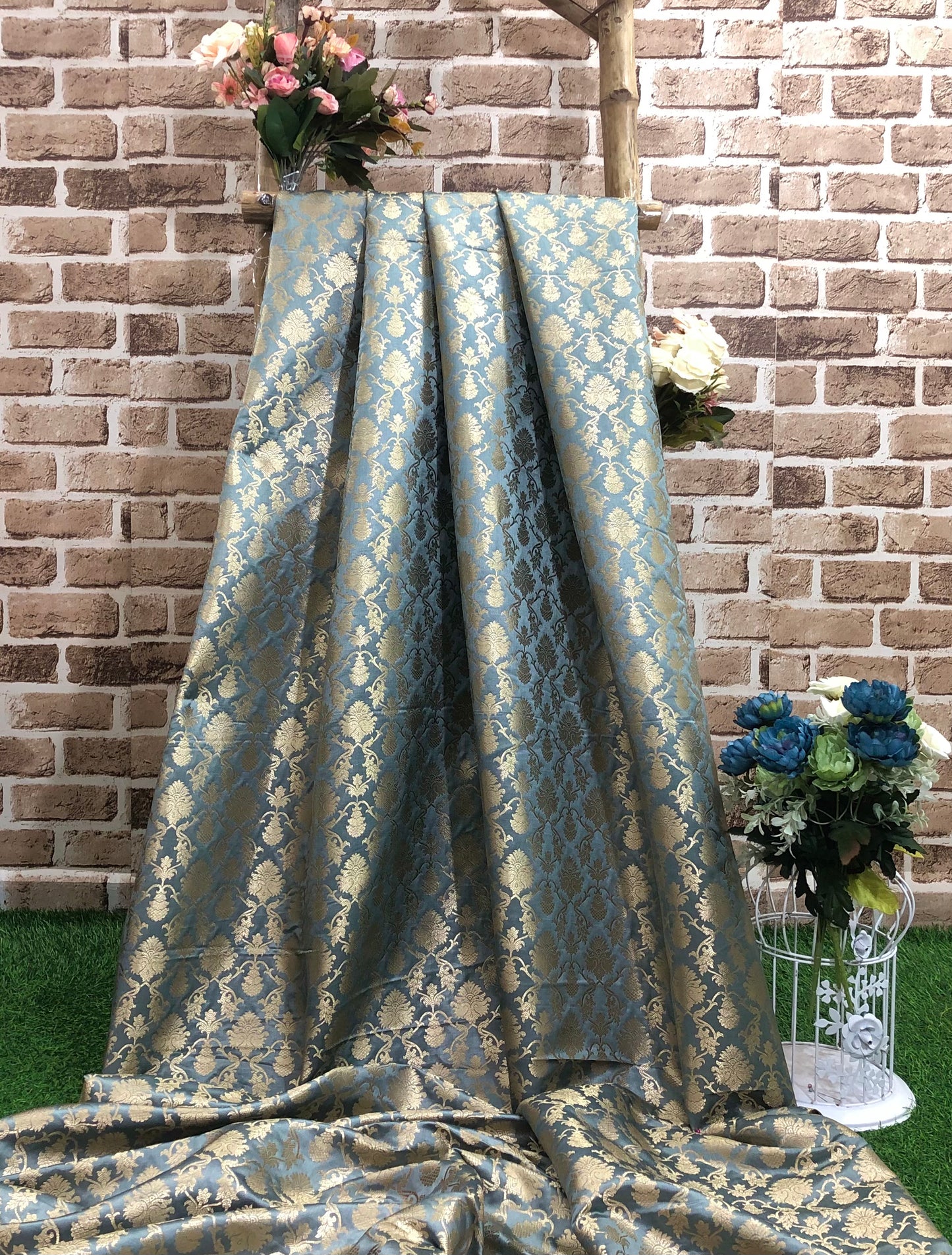 Indian Banarasi Brocade Fabric, Grey and gold Satin brocade fabric, Jacquard fabric, Wedding fabric, Fabric by the yard/meter - NFAF573