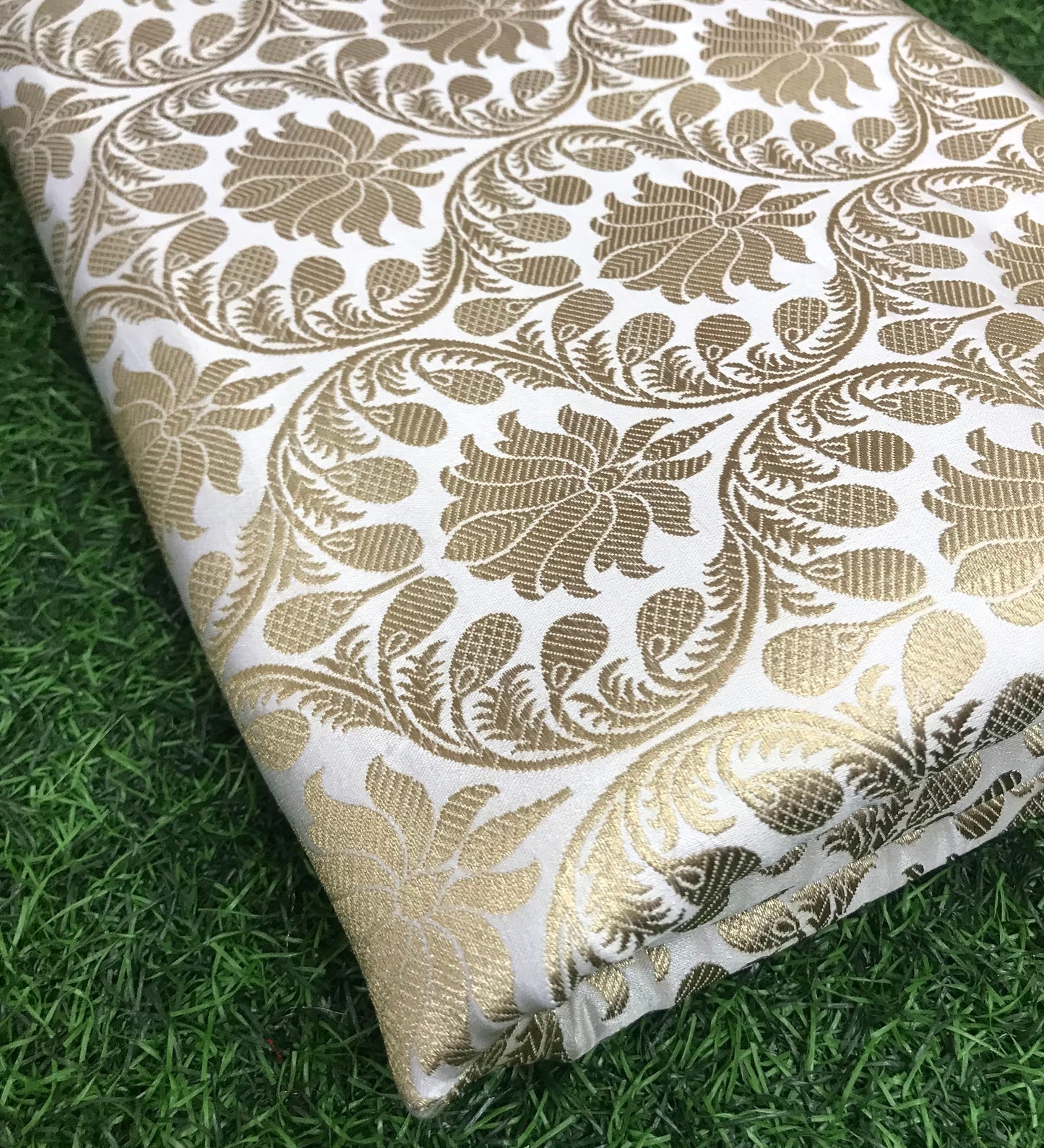 Indian Brocade fabric Jacquard Damask White Gold Wedding Bridal silk brocade Designer Upholstery Decor Brocade fabric by the yard - NFAF623