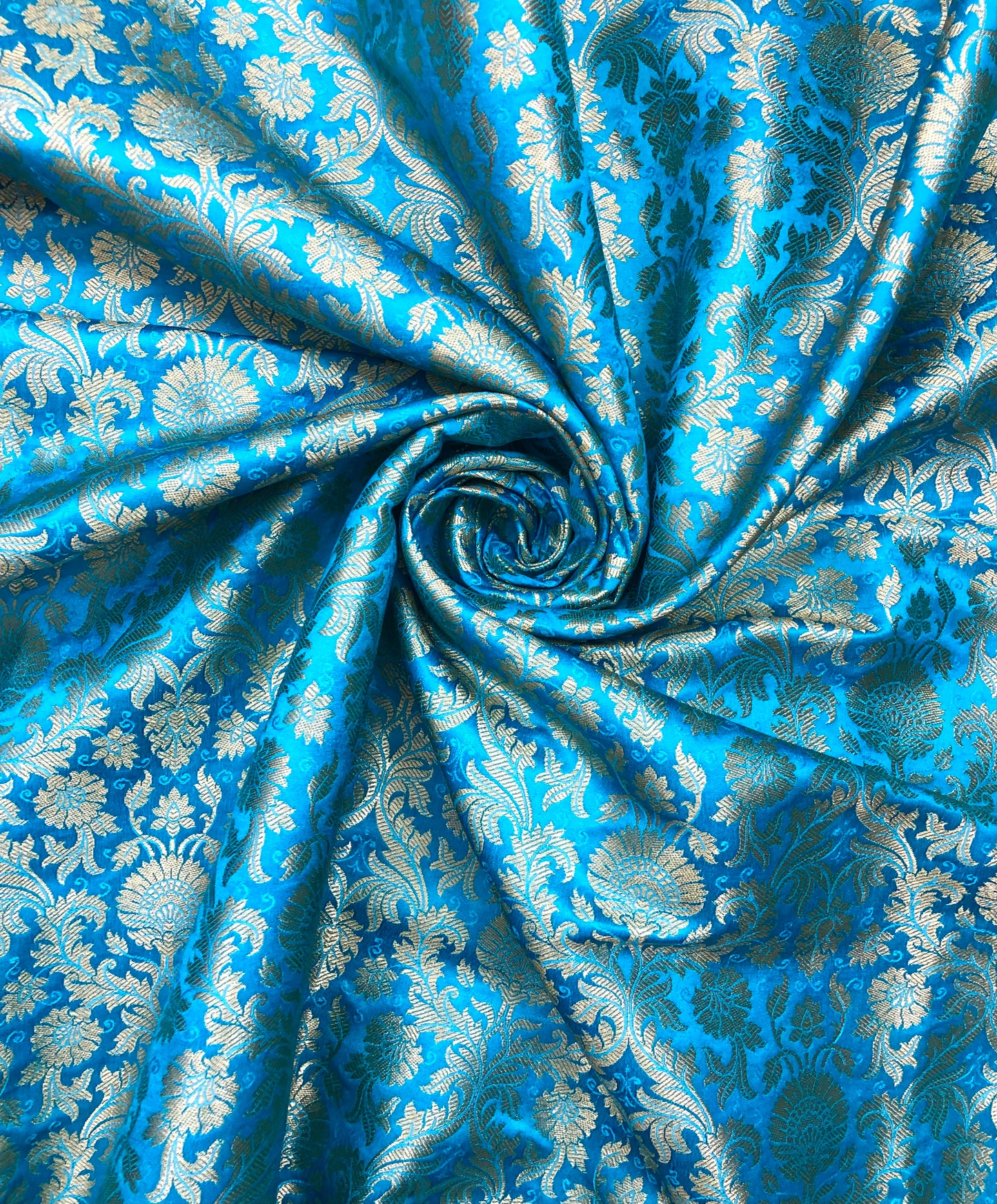 Banarasi Brocade Fabric, Blue Gold Jacquard fabric, Home décor fabric, Floral brocade, Fabric by the yard/meter - NFAF604