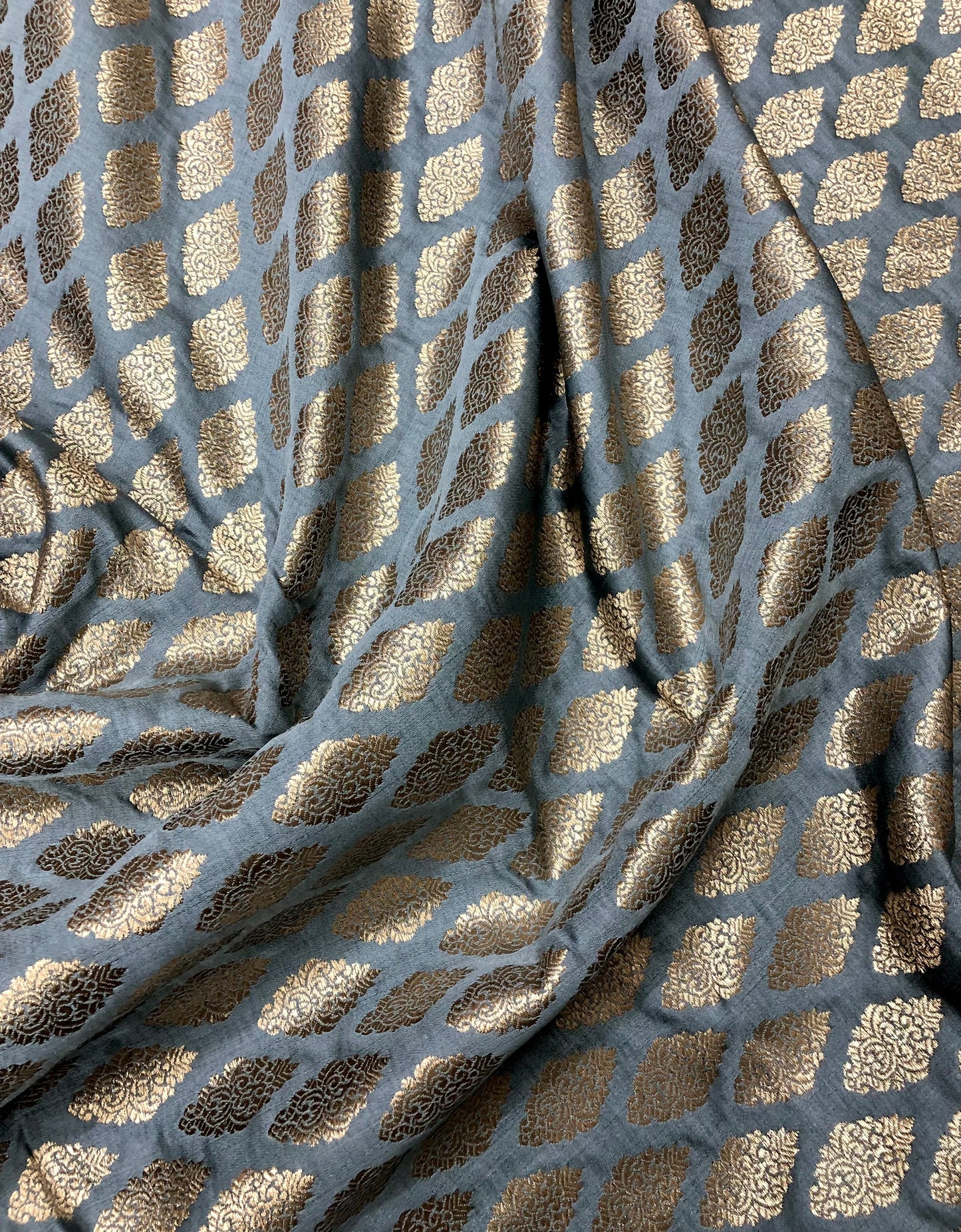 Indian banarasi brocade fabric, Gray & gold Rayon silk brocade, Floral brocade, Metallic brocade, Jacquard fabric, Historical fabric, Renaissance fabric - NFAF625