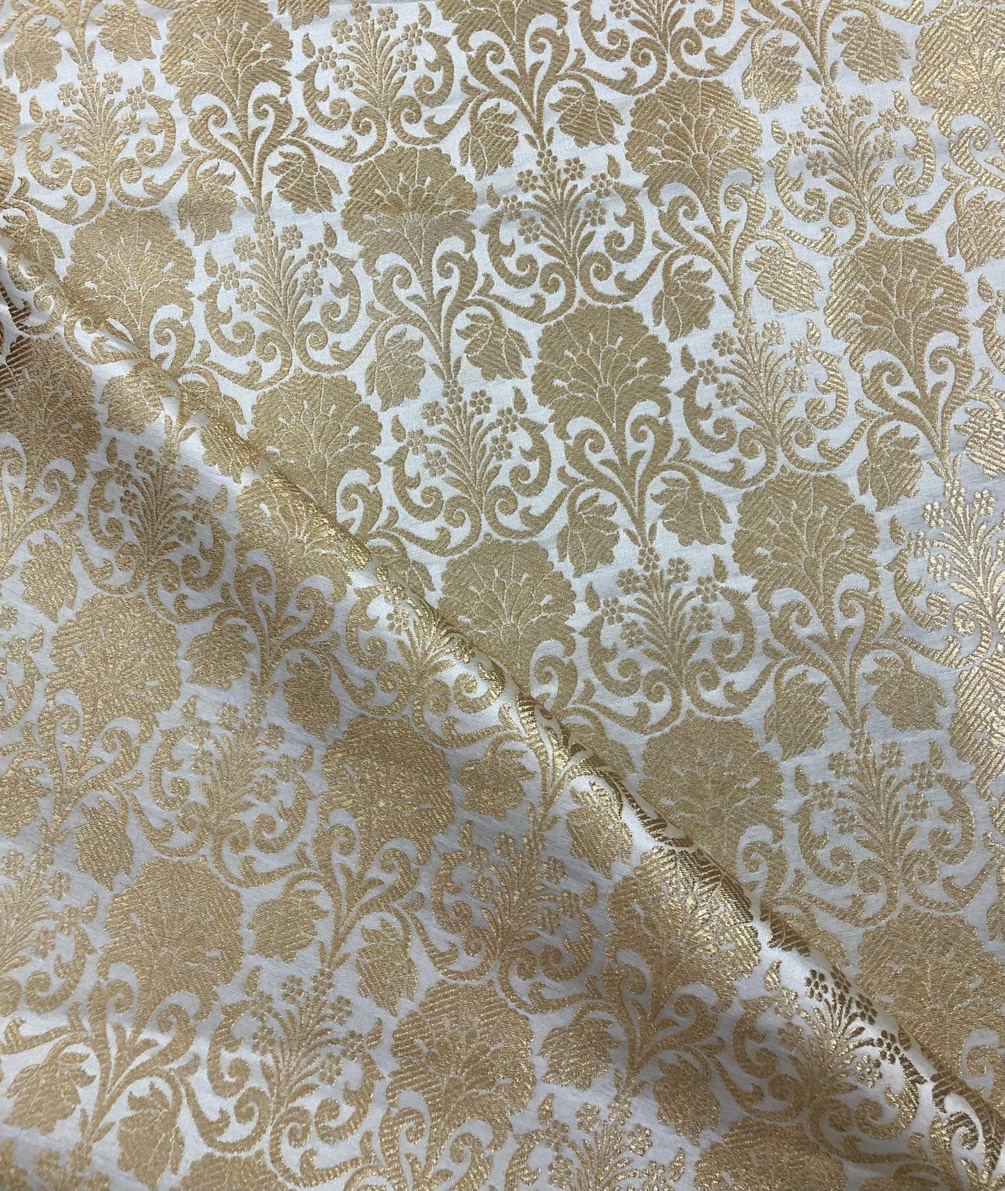 Banarasi Brocade fabric, White Gold Wedding inspiration fabric, Damask jacquard brocade, Gothic fabric, Renaissance fabric - NFAF568