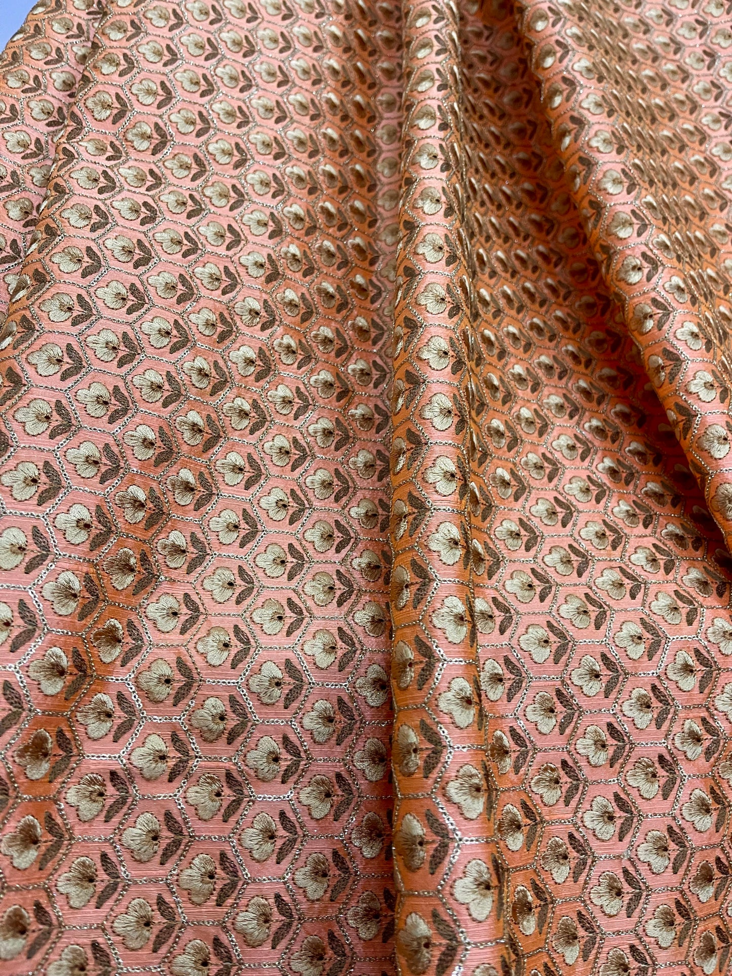 Orange embroidered fabric, Wedding dress, Vintage fabric, Bridesmaid dress, Thread embroidery, Fashion fabric, Handmade - NFAF826