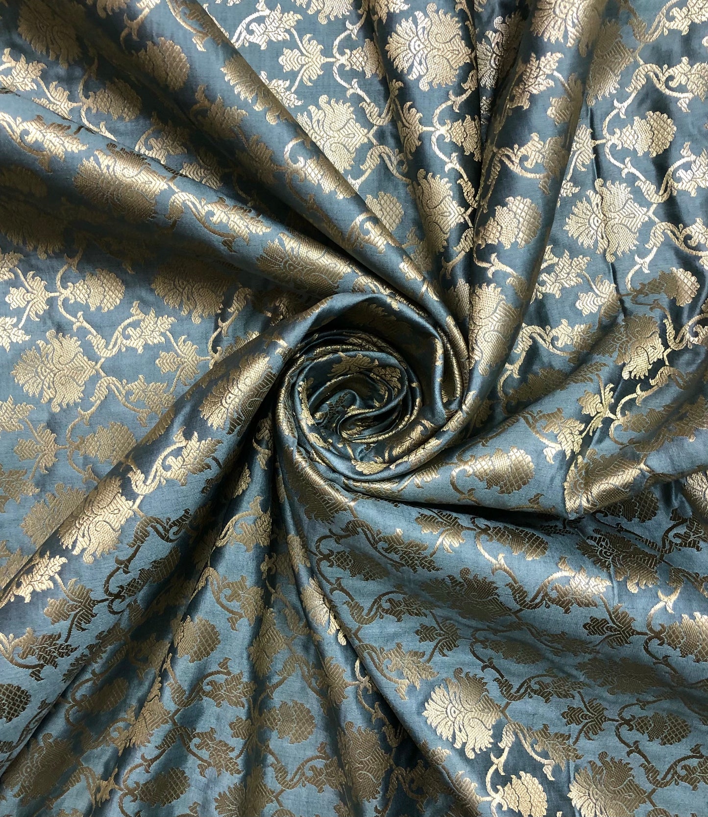 Indian Banarasi Brocade Fabric, Grey and gold Satin brocade fabric, Jacquard fabric, Wedding fabric, Fabric by the yard/meter - NFAF573