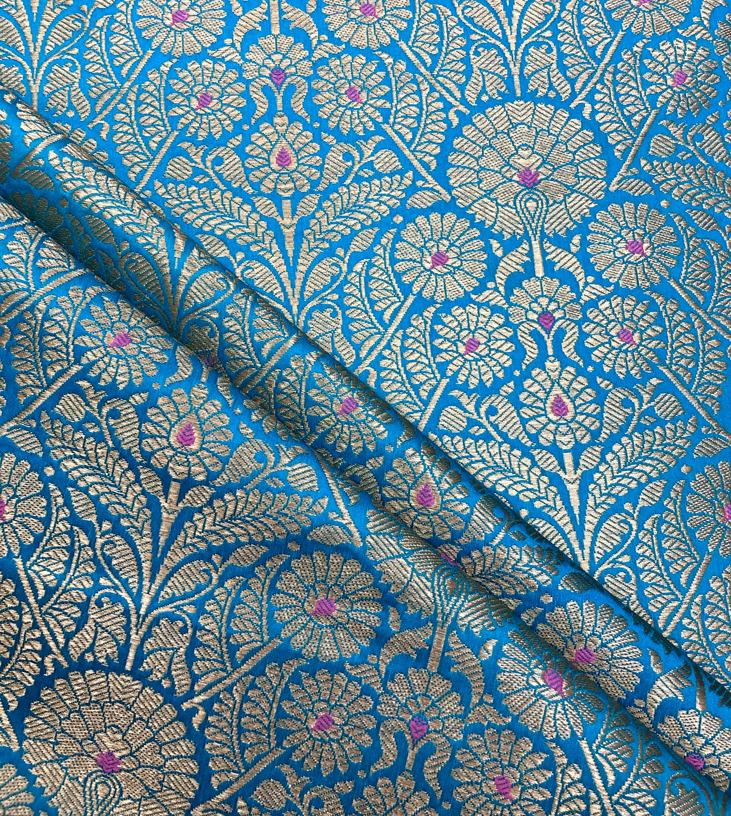 Indian Banarasi Brocade Fabric, Blue Gold Jacquard fabric, Floral brocade, Rayon silk brocade, Fabric by the yard/meter - NFAF1091