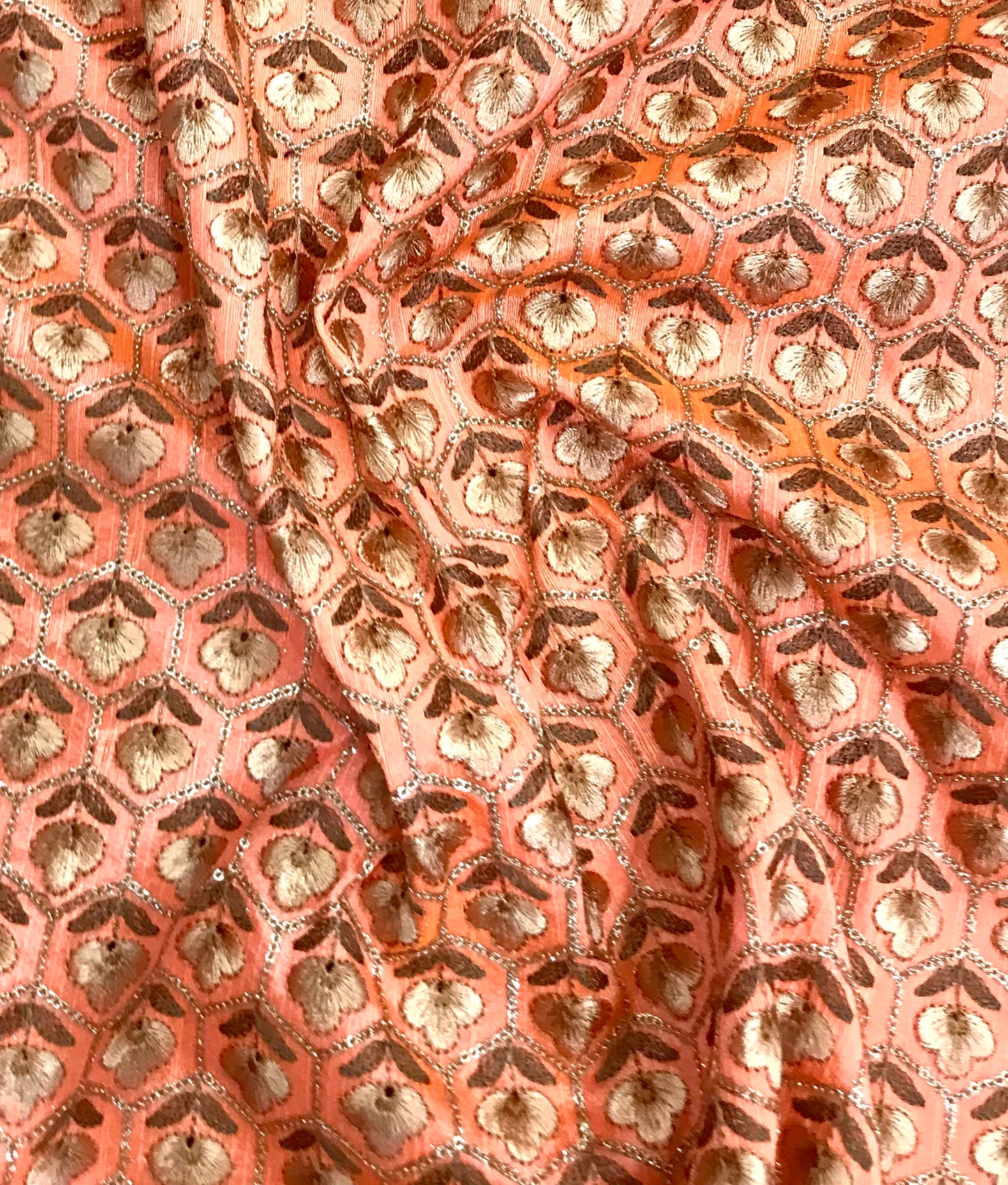 Orange embroidered fabric, Wedding dress, Vintage fabric, Bridesmaid dress, Thread embroidery, Fashion fabric, Handmade - NFAF826