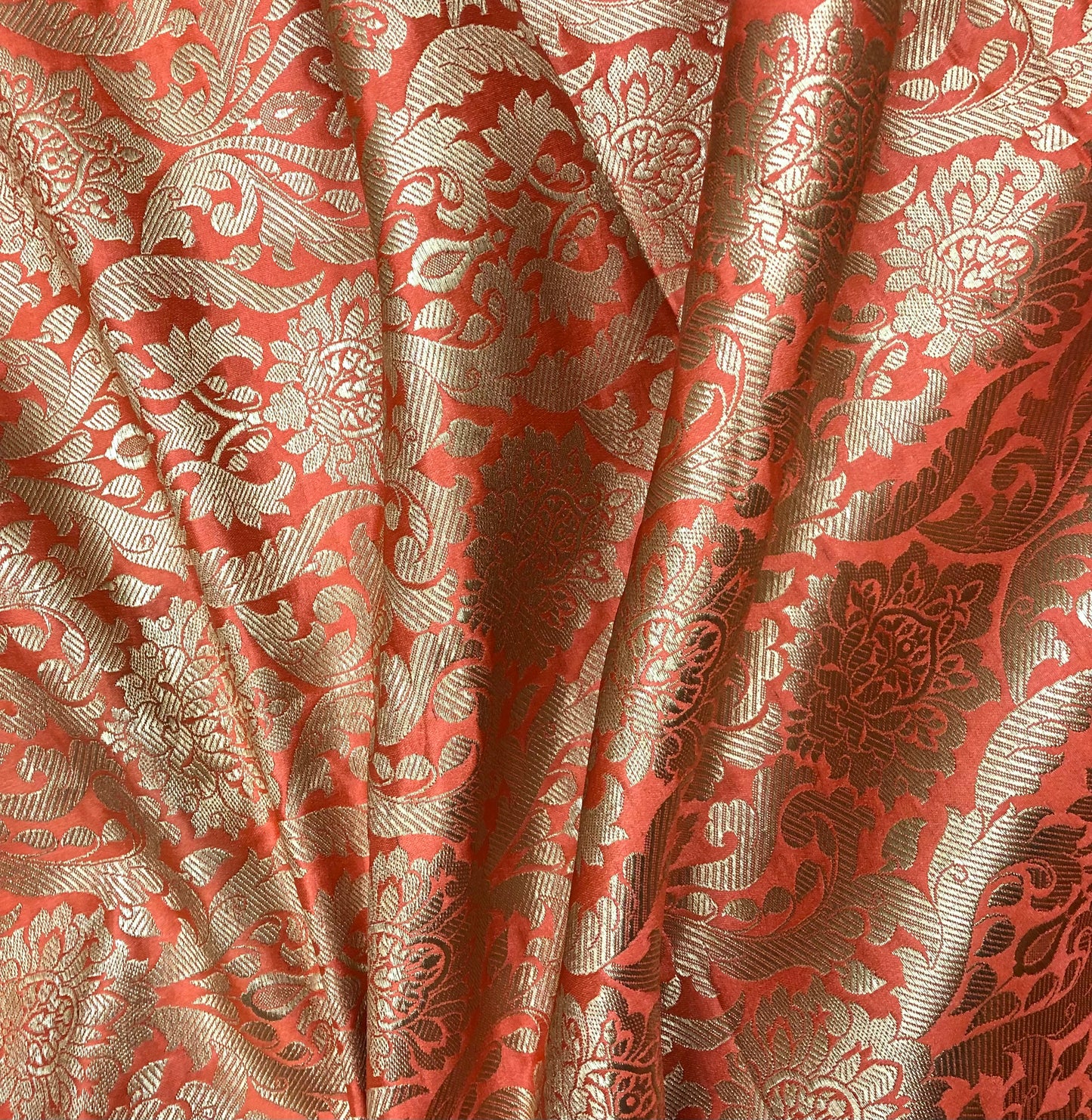 Banarasi brocade fabric, Orange coral gold Rayon silk brocade, Home décor fabric, Flower brocade, Brocade Dress, Wedding inspiration, Brokat stoff - NFAF666