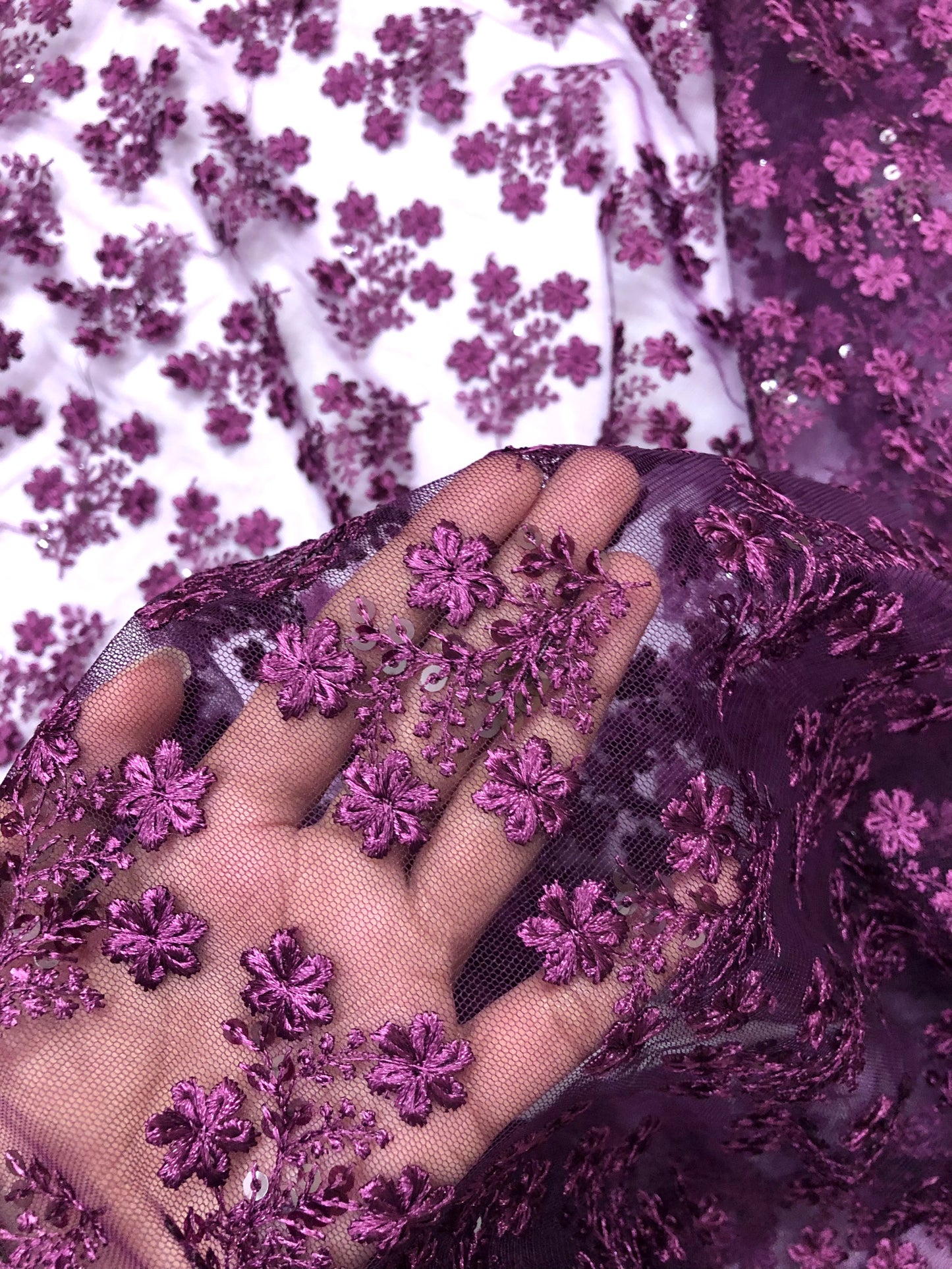 Purple embroidered fabric, Tulle Mesh Fabric, Bridal Wedding Fabric, Bridesmaid dress, Thread embroidery, Luxury fabric, Handmade - NFAF1060
