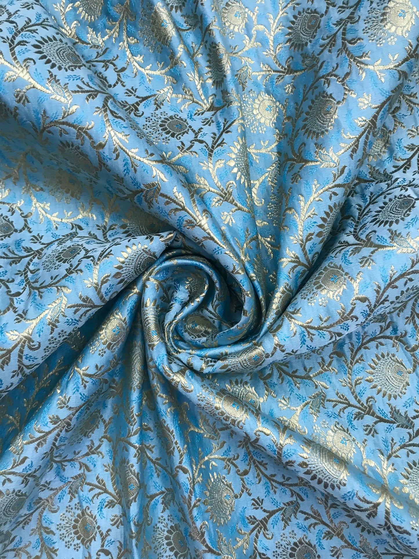 Brocade fabric Jacquard Damask Luxury Wedding Bridal fabric Blue Gold Brocade Lehenga Indian Home decor Fabric by the yard meter.