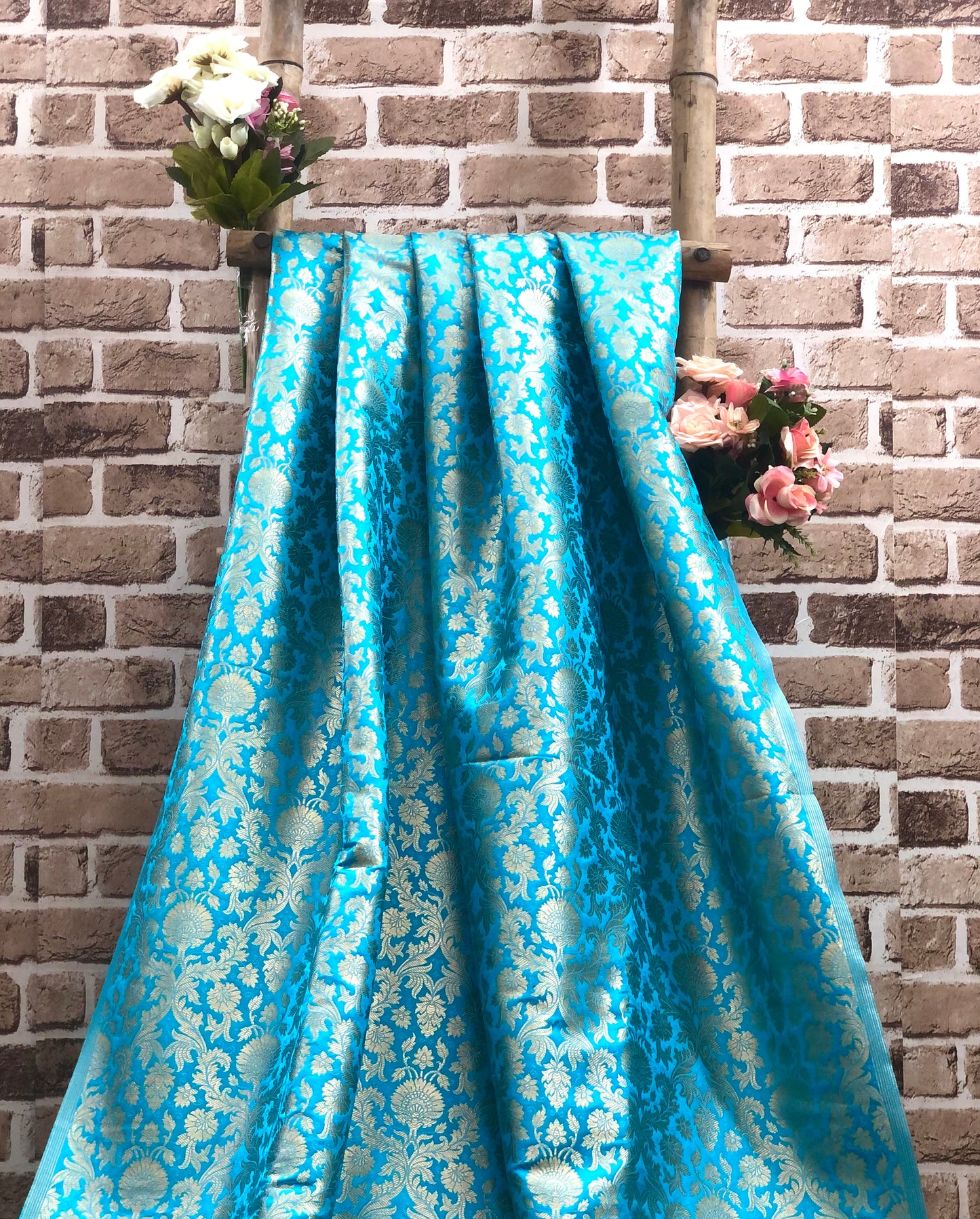 Banarasi Brocade Fabric, Blue Gold Jacquard fabric, Home décor fabric, Floral brocade, Fabric by the yard/meter - NFAF604