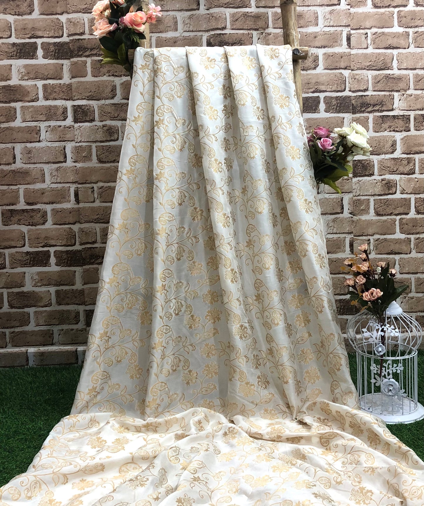 Off white Gold Brocade Silk Fabric Dyeable fabric Jacquard Damask fabric Wedding dress Luxury fabric Home Decor Fabric by the Yard- NFAF862