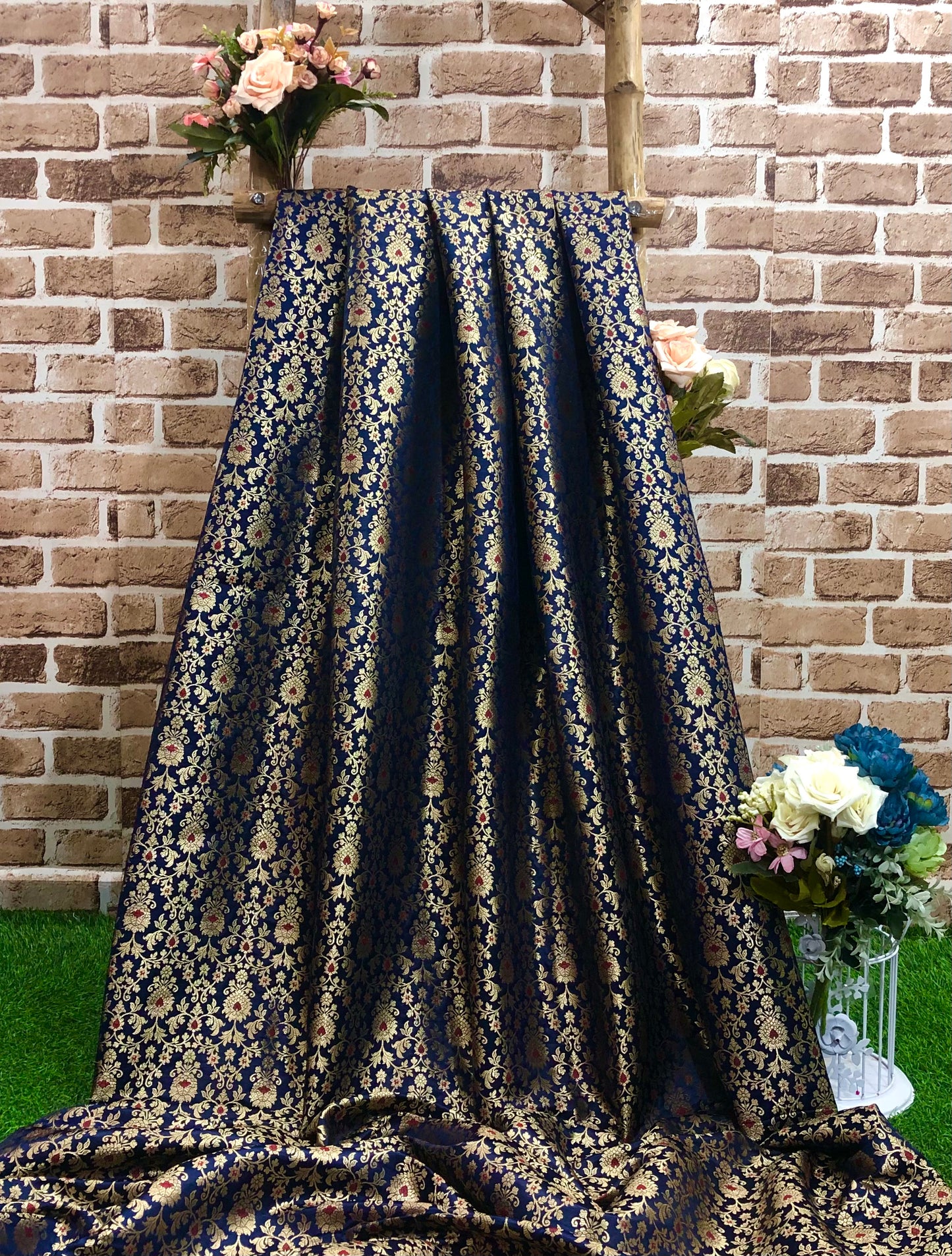 Navy blue Gold Jacquard Brocade fabric Wedding Dress fabric DIY Craft Supply Home decor fabric Upholstery Gold Fabric by the yard - NFAF704