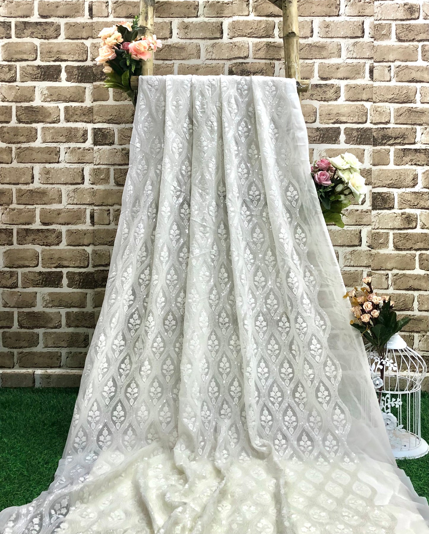 Embroidered fabric Silk Georgette White Wedding dress fabric Luxury Designer Bridral Dress fabric Sequins Embroidery Saree Dupatta fabric