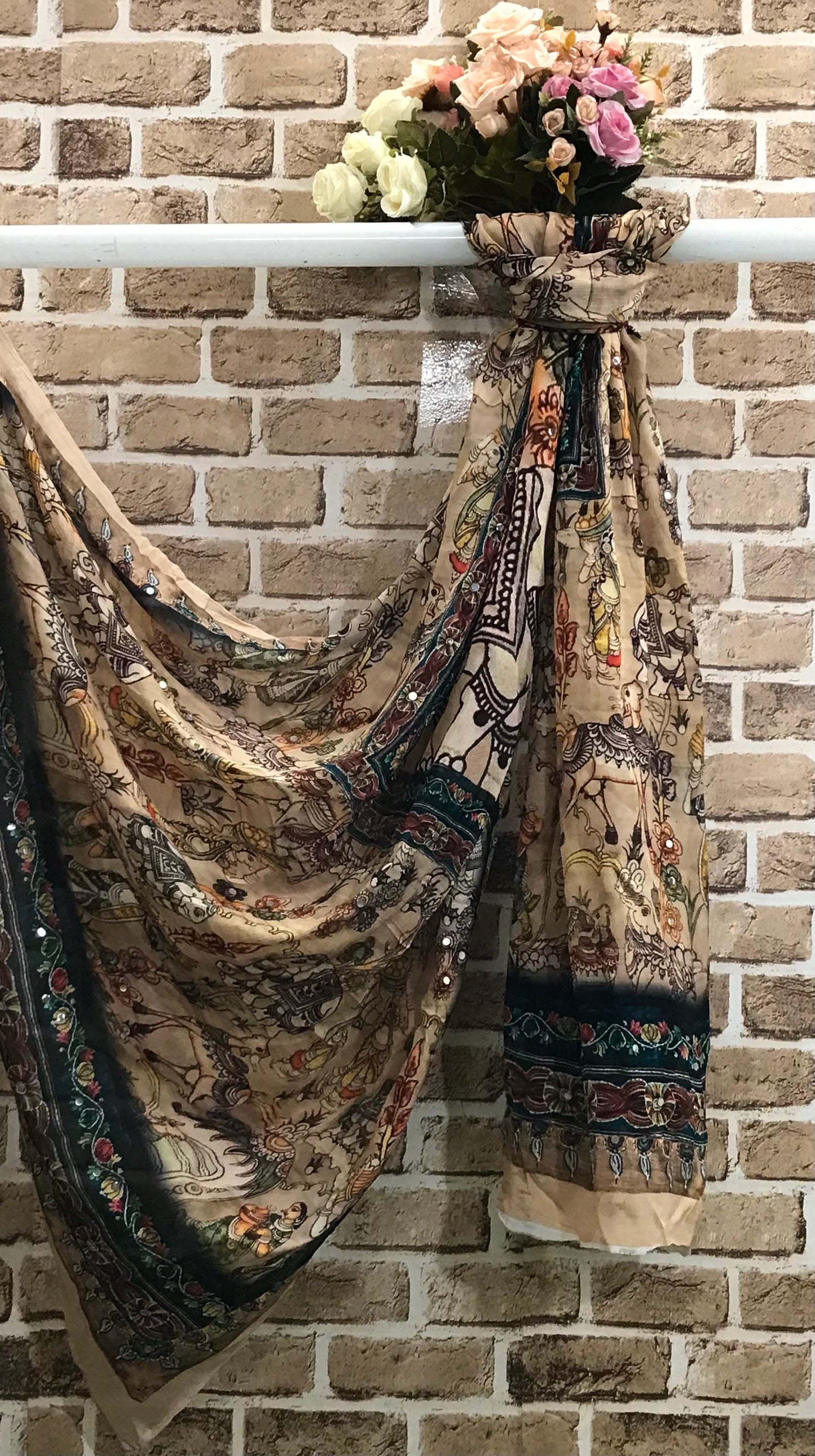 Kalamkari Indian Dupatta for Women, Stole, Scarf, Shawl, abaya, Embroidered Indian Chunni, DP2011