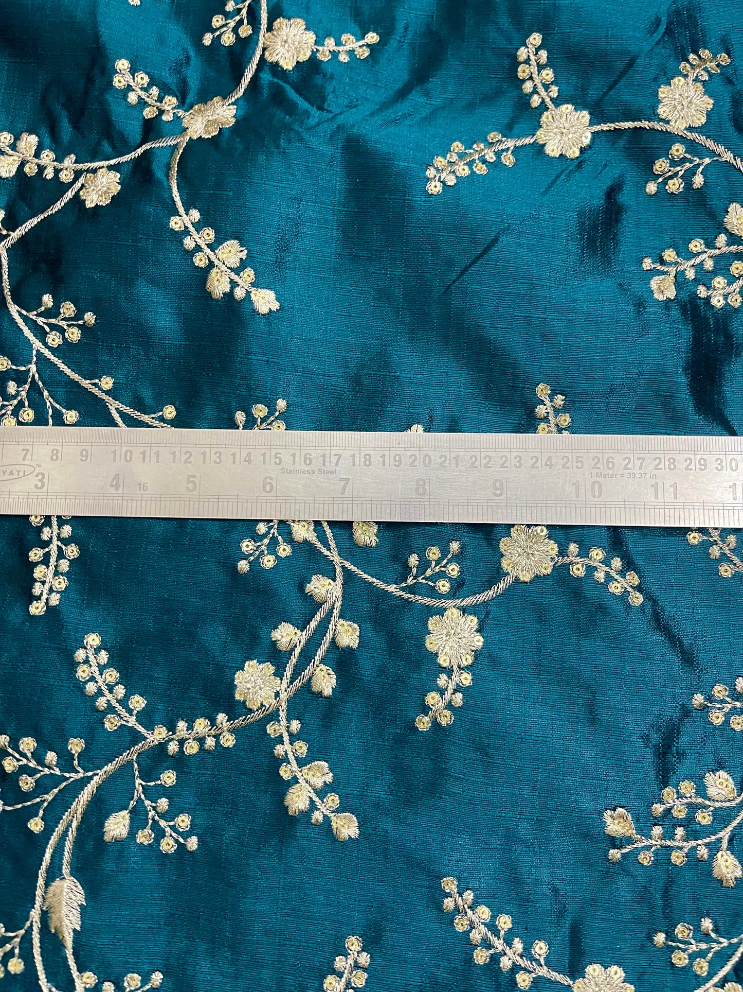 Peacock blue and silverfish gold embroidered fabric, Wedding dress, Bridesmaid dress, Embroidery design, Thread embroidery, Fabric store - NFAF1087