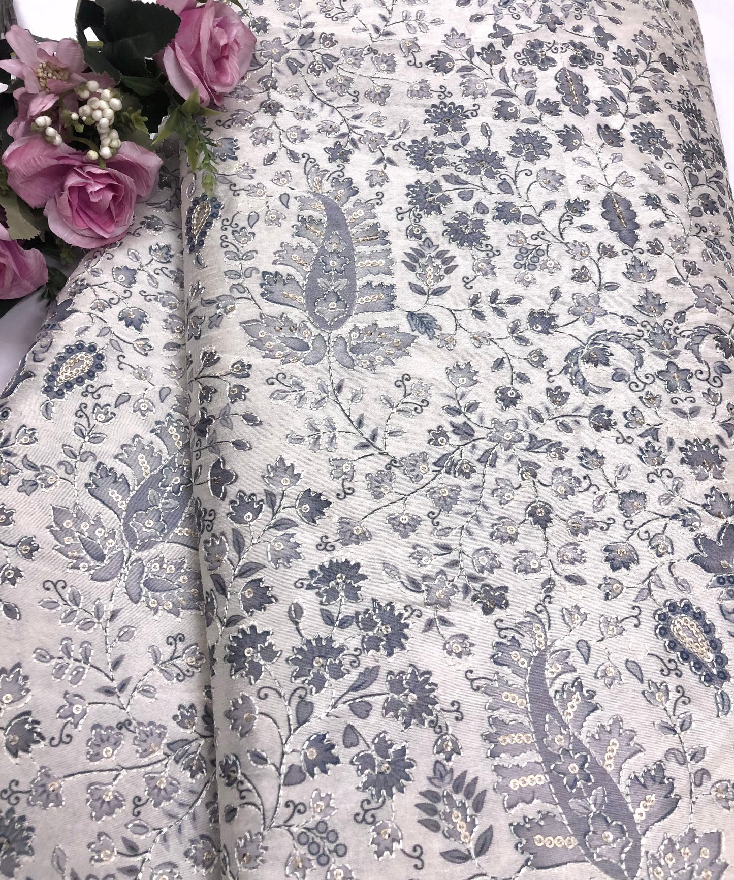 Gray off-White Embroidered fabric Silver Embroidery Printed Fabric Dupioni Silk Wedding Dress Fabric Gown Fabric by the yard - NFAF645
