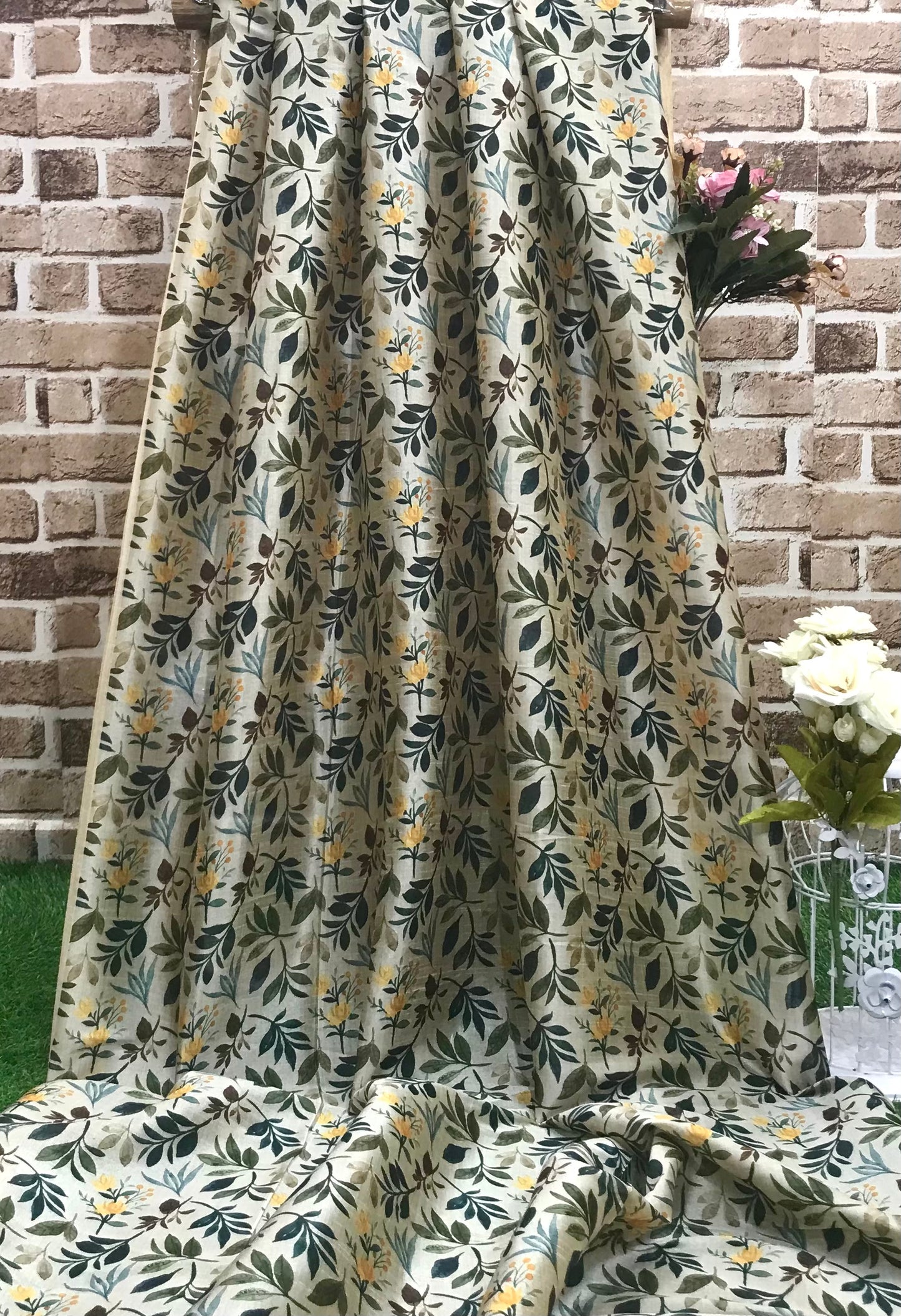 Beige printed tussar silk, Wedding dress, Bridesmaid dress, Floral fabric, Wedding inspiration, Vintage fabric, Luxury fabric - NFAF810