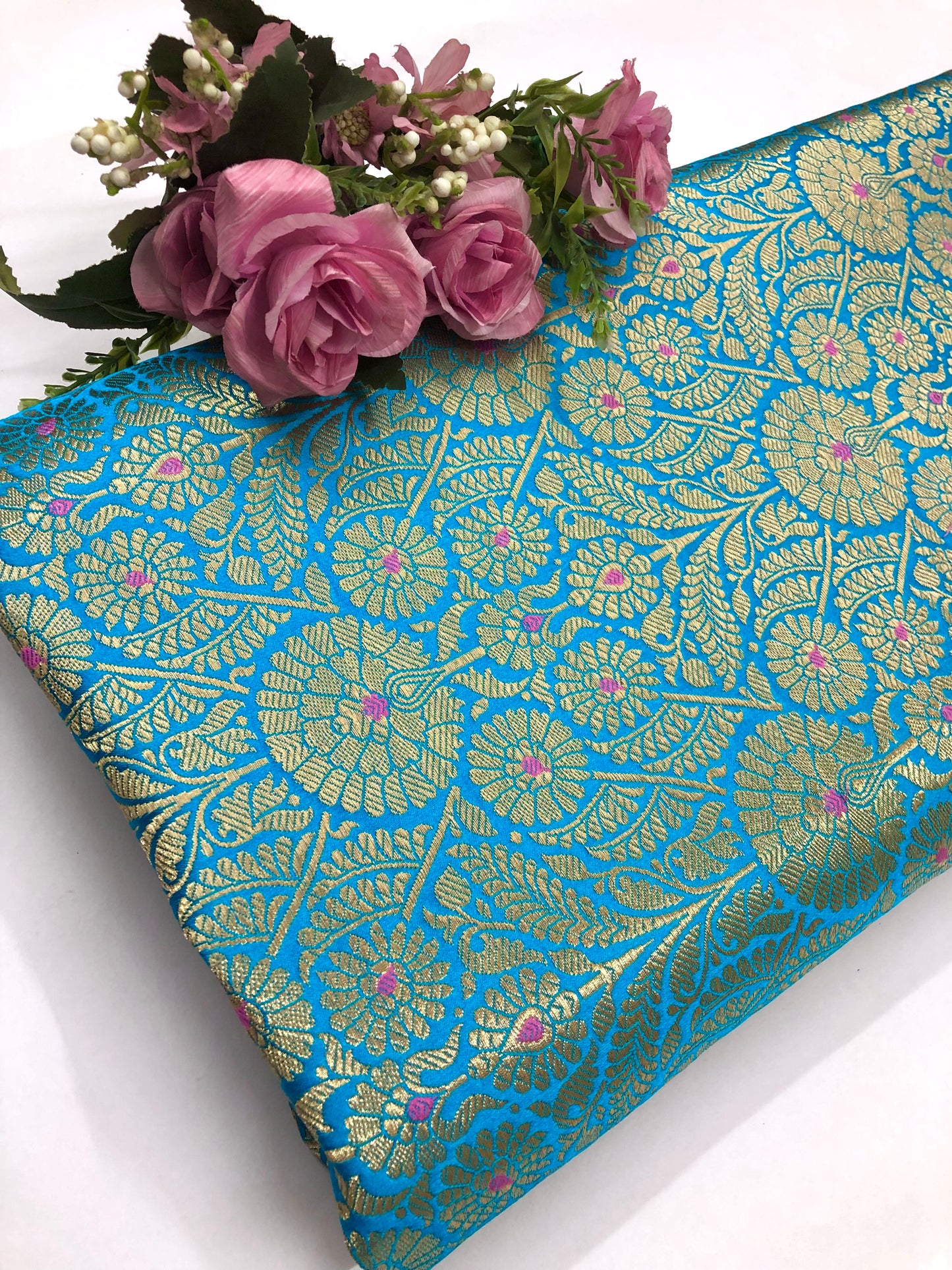 Indian Banarasi Brocade Fabric, Blue Gold Jacquard fabric, Floral brocade, Rayon silk brocade, Fabric by the yard/meter - NFAF1091