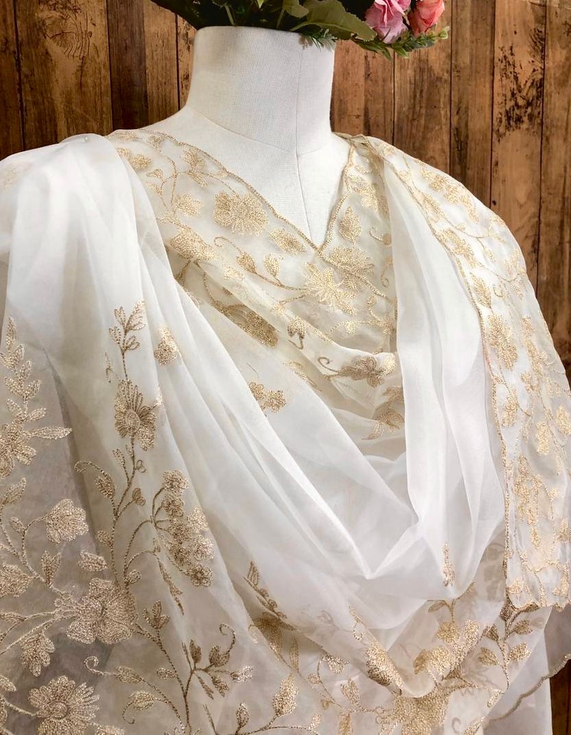 White Organza Dupatta for Women with Light Gold Embroidered, Stole, Scarf, shawl, abaya, Chuniri, Indian Chunni, DP2006