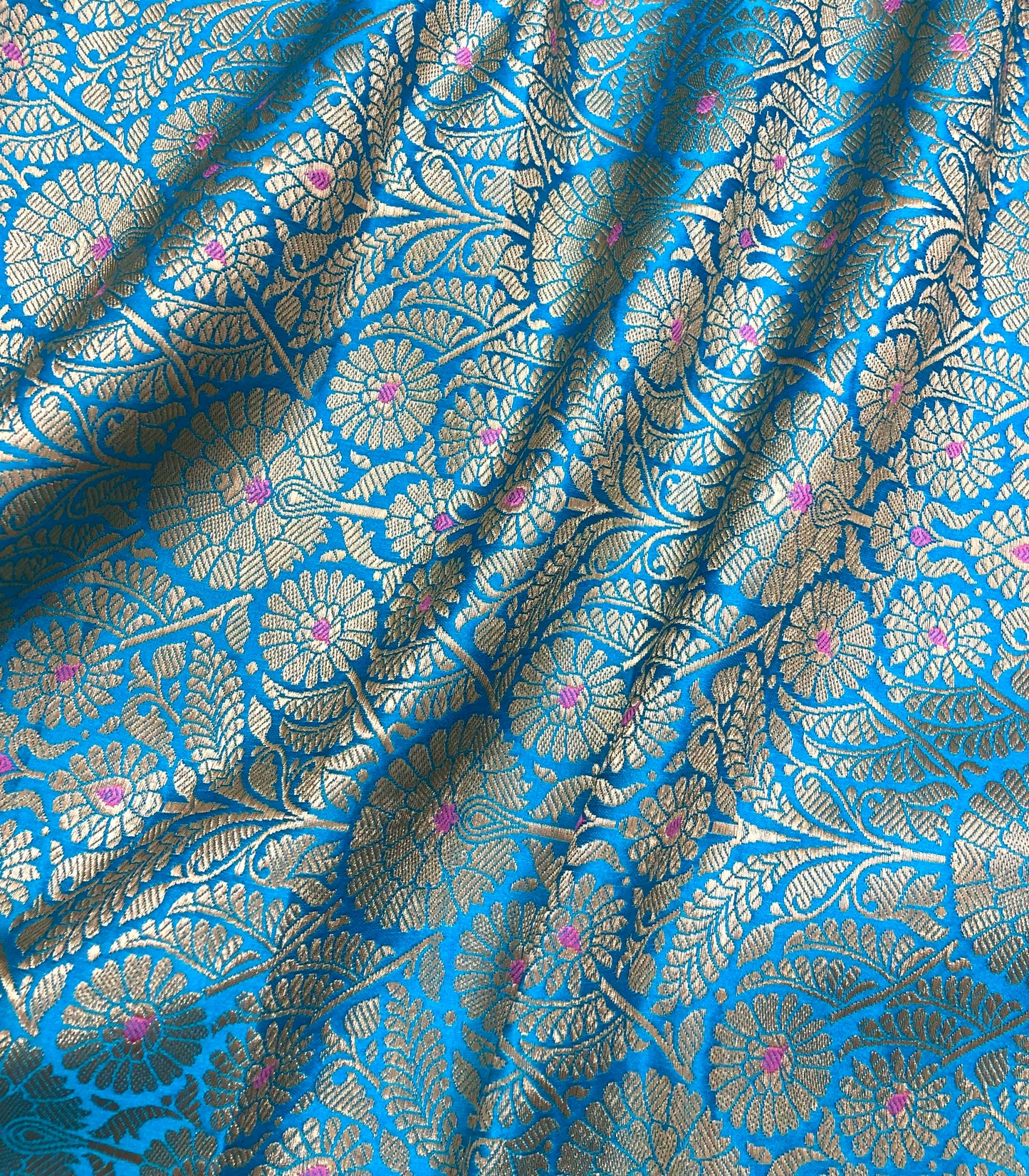 Indian Banarasi Brocade Fabric, Blue Gold Jacquard fabric, Floral brocade, Rayon silk brocade, Fabric by the yard/meter - NFAF1091