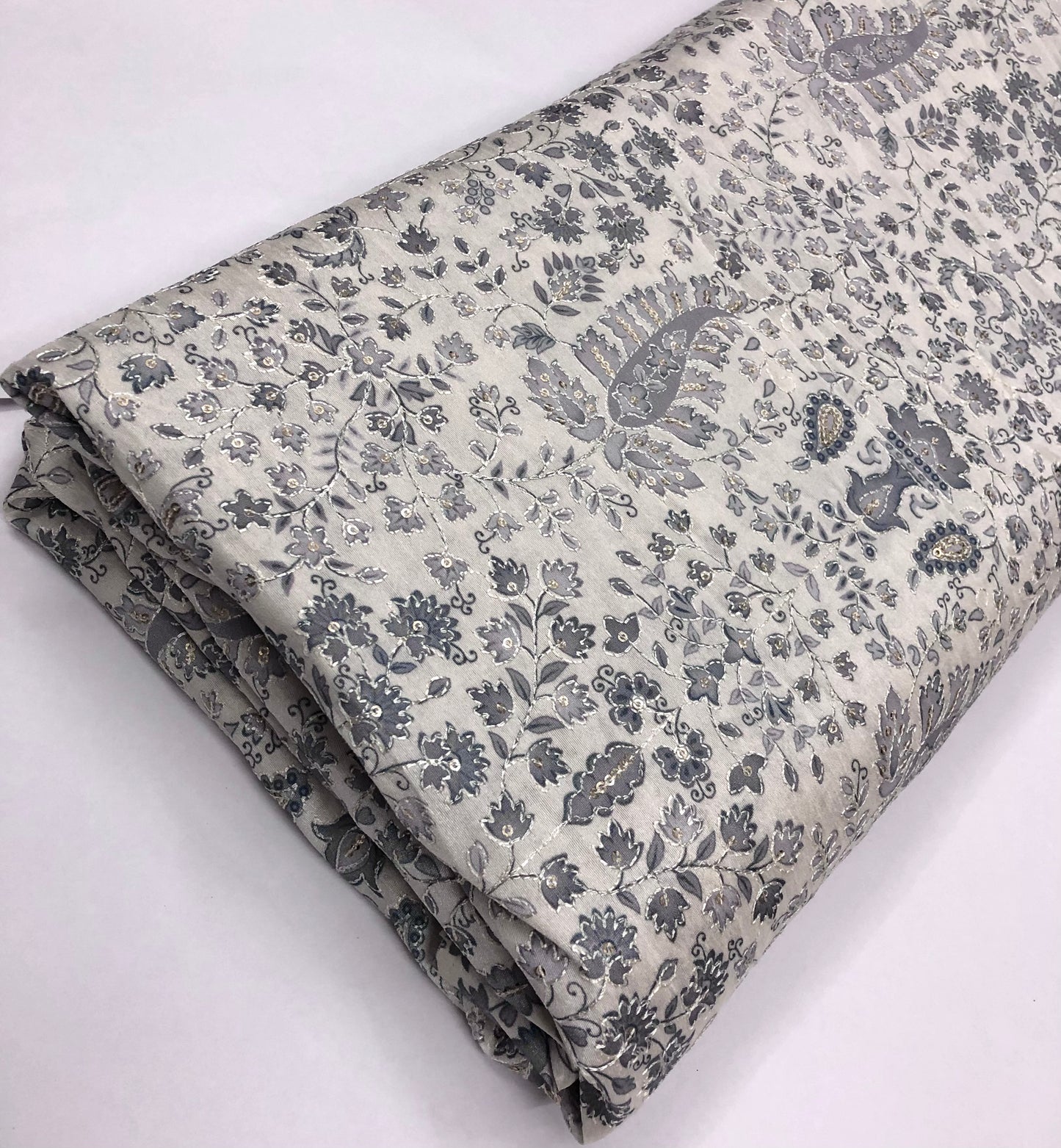 Gray off-White Embroidered fabric Silver Embroidery Printed Fabric Dupioni Silk Wedding Dress Fabric Gown Fabric by the yard - NFAF645