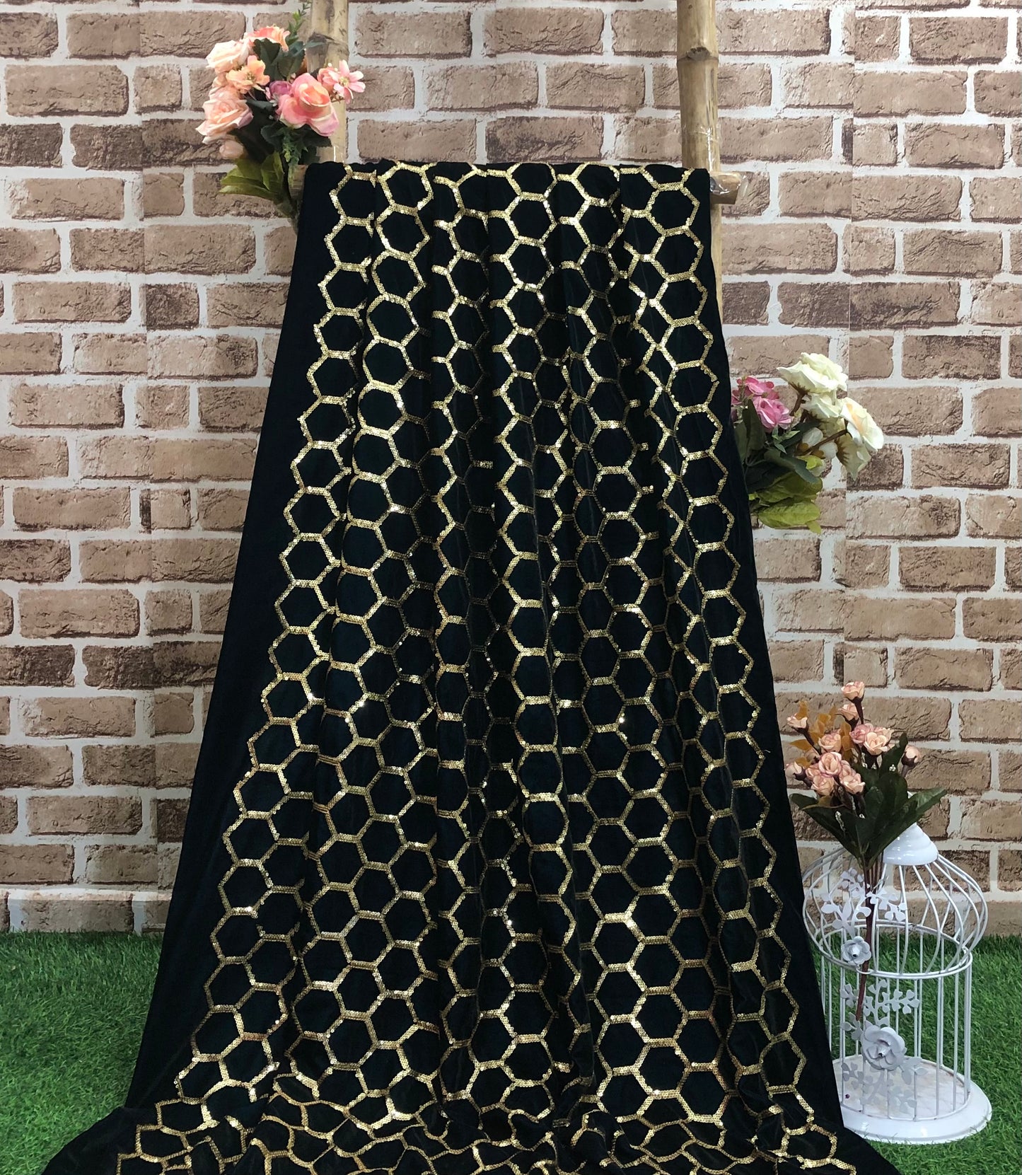 Embroidered Velvet fabric Navy blue Gold Embroidery stretchable fabric Party Dress Haute couture Luxury fabric Bridal dress fabric - VLTF922
