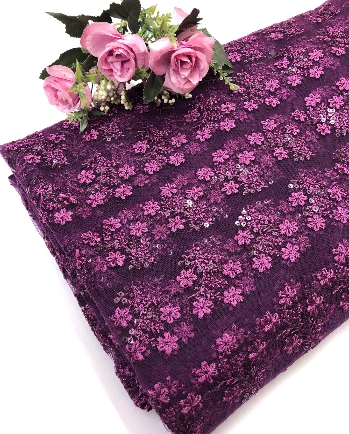 Purple embroidered fabric, Tulle Mesh Fabric, Bridal Wedding Fabric, Bridesmaid dress, Thread embroidery, Luxury fabric, Handmade - NFAF1060