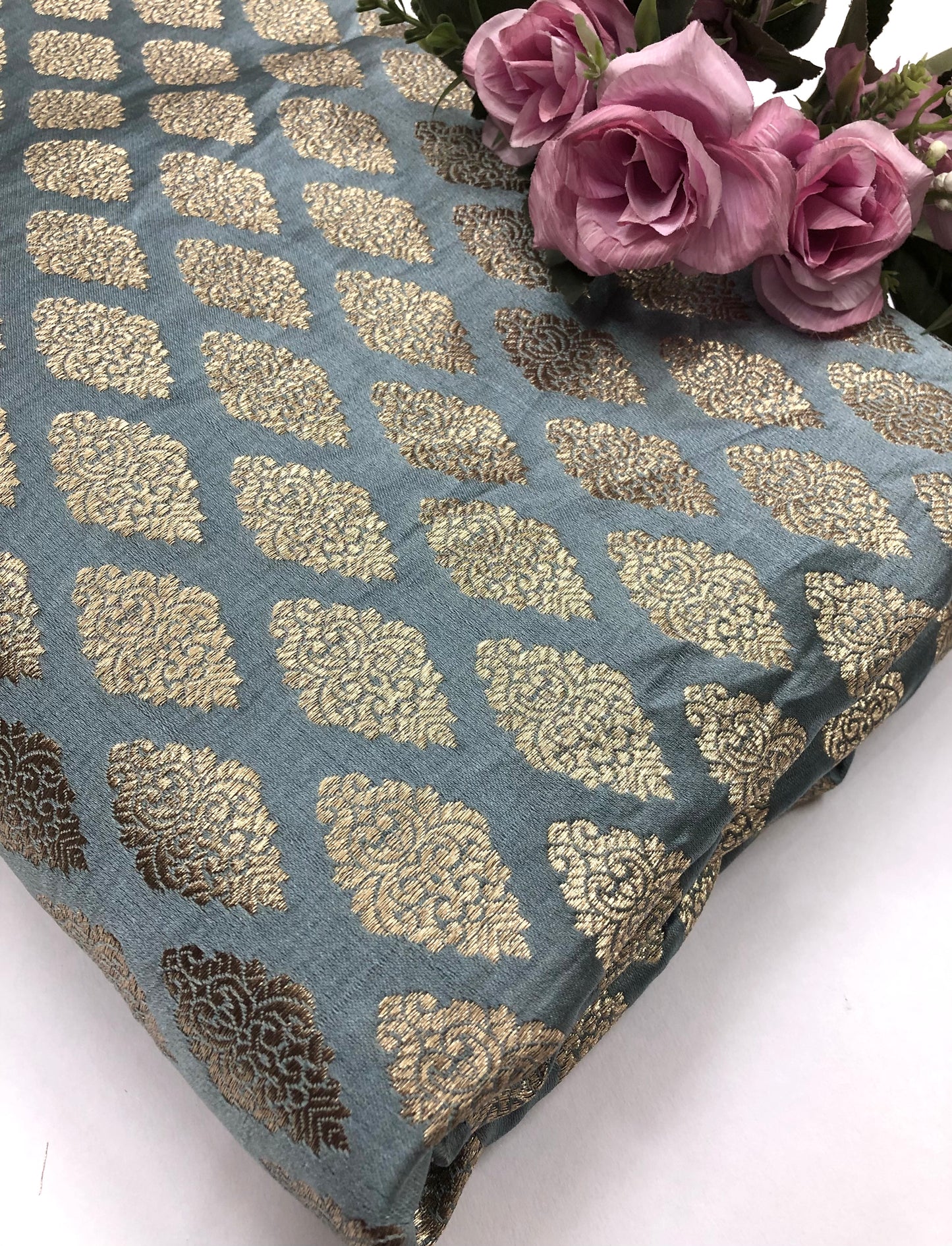 Indian banarasi brocade fabric, Gray & gold Rayon silk brocade, Floral brocade, Metallic brocade, Jacquard fabric, Historical fabric, Renaissance fabric - NFAF625