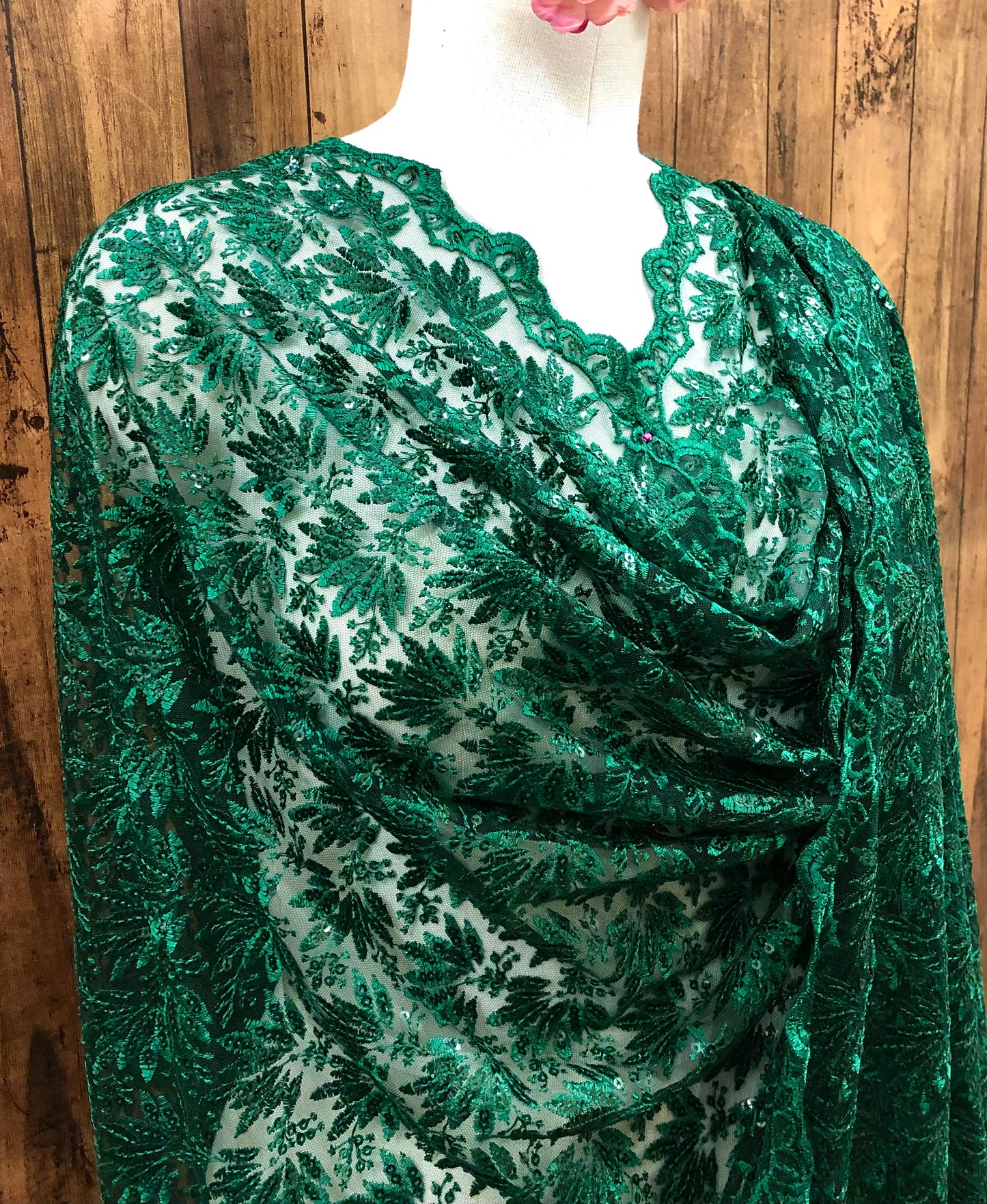 Green embroidered fabric, Tulle Mesh Fabric, Bridal Wedding Fabric, Bridesmaid dress, Thread embroidery, Luxury fabric, Handmade - NFAF1061