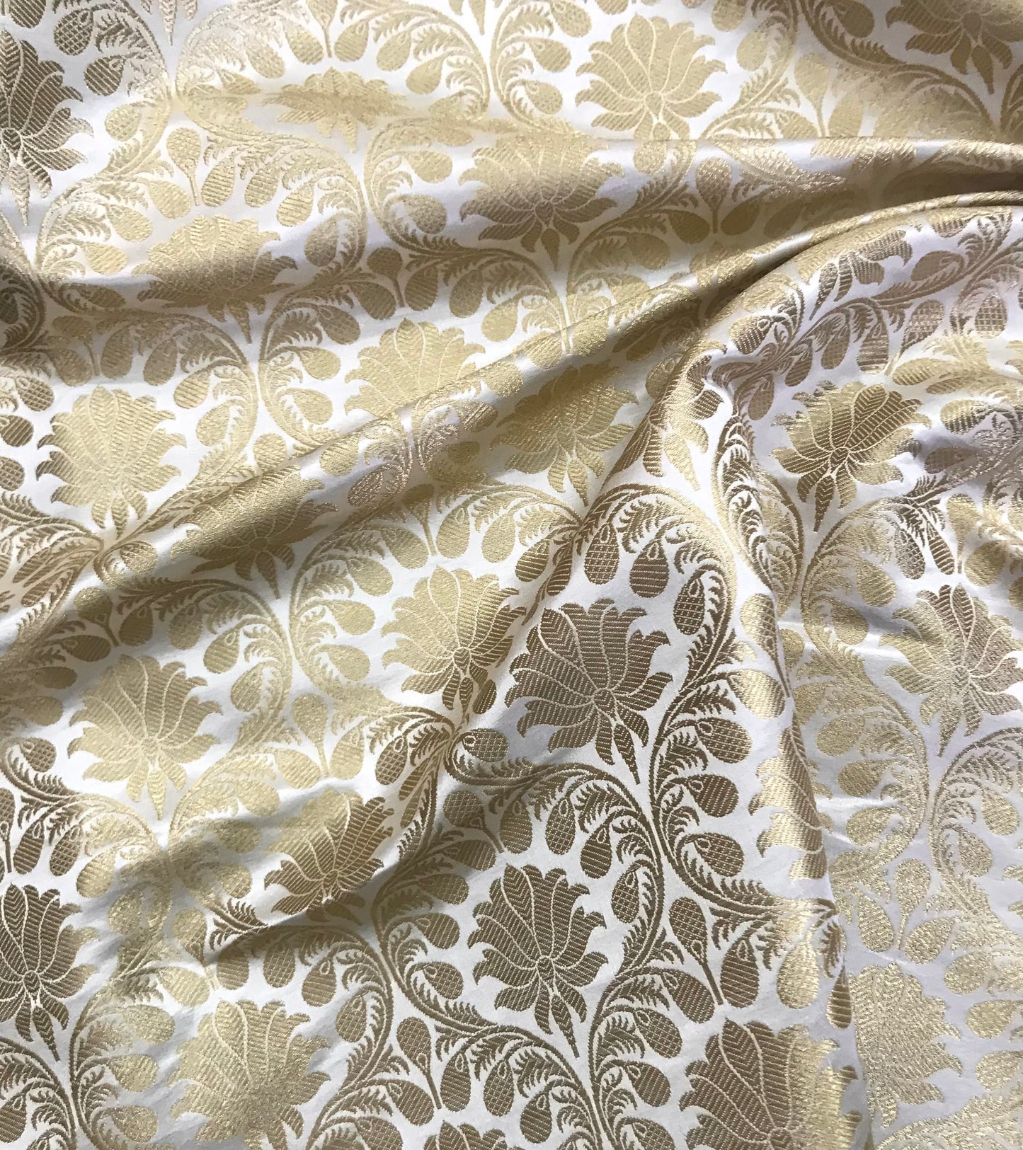 Indian Brocade fabric Jacquard Damask White Gold Wedding Bridal silk brocade Designer Upholstery Decor Brocade fabric by the yard - NFAF623