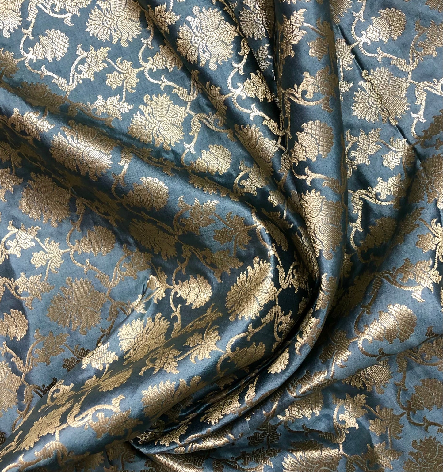 Indian Banarasi Brocade Fabric, Grey and gold Satin brocade fabric, Jacquard fabric, Wedding fabric, Fabric by the yard/meter - NFAF573