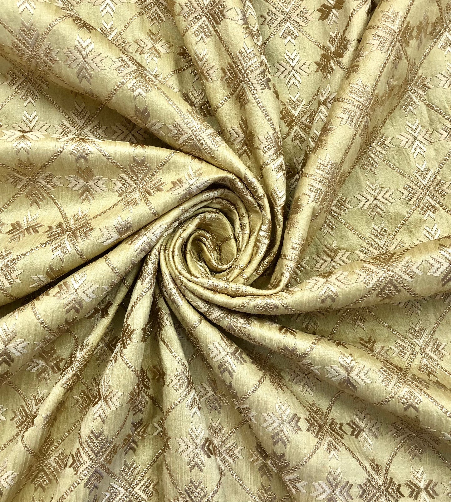 Beige embroidered fabric, Wedding dress, Indian fabric, Thread embroidery, Gold flower, Handmade, Haute couture - NFAF858