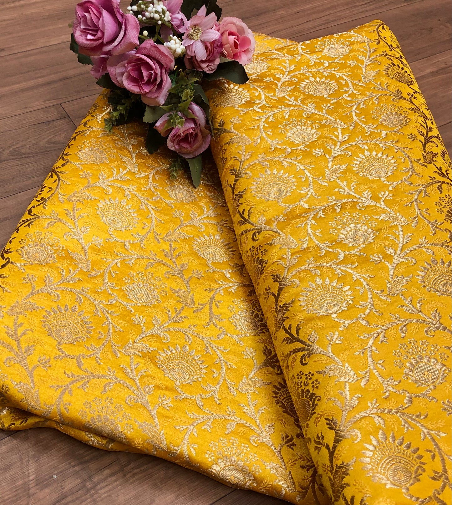 Indian Brocade Fabric Yellow & Gold Jacquard fabric Home décor fabric Wedding fabric Dress fabric Fabric by the yard/meter - NFAF331