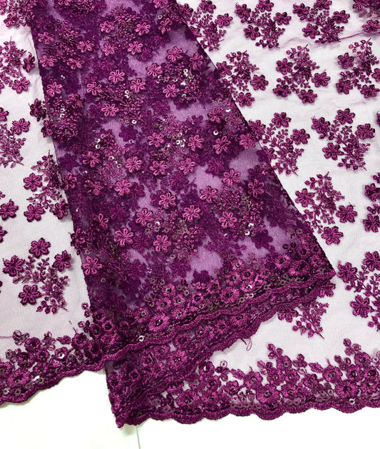 Purple embroidered fabric, Tulle Mesh Fabric, Bridal Wedding Fabric, Bridesmaid dress, Thread embroidery, Luxury fabric, Handmade - NFAF1060