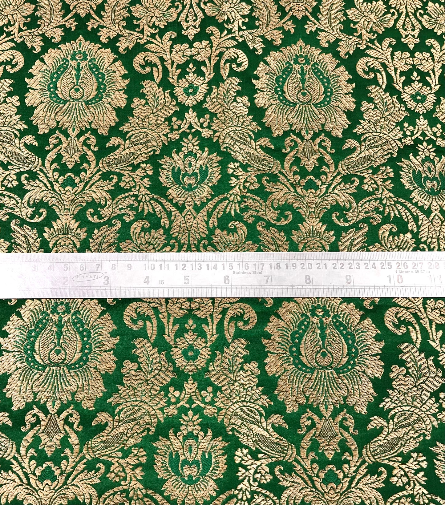 Green Gold Brocade fabric Jacquard damask fabric Wedding bridal Dress Lehenga fabric Upholsery Home Decor Fabric by the yard