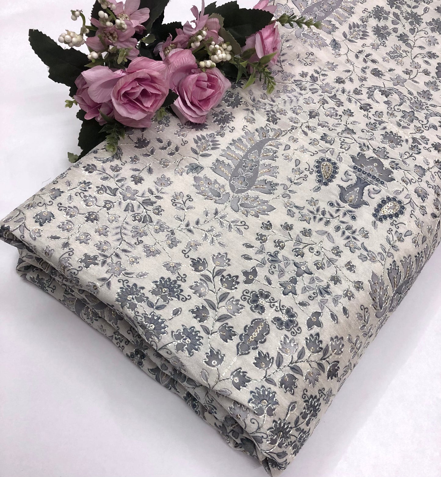 Gray off-White Embroidered fabric Silver Embroidery Printed Fabric Dupioni Silk Wedding Dress Fabric Gown Fabric by the yard - NFAF645