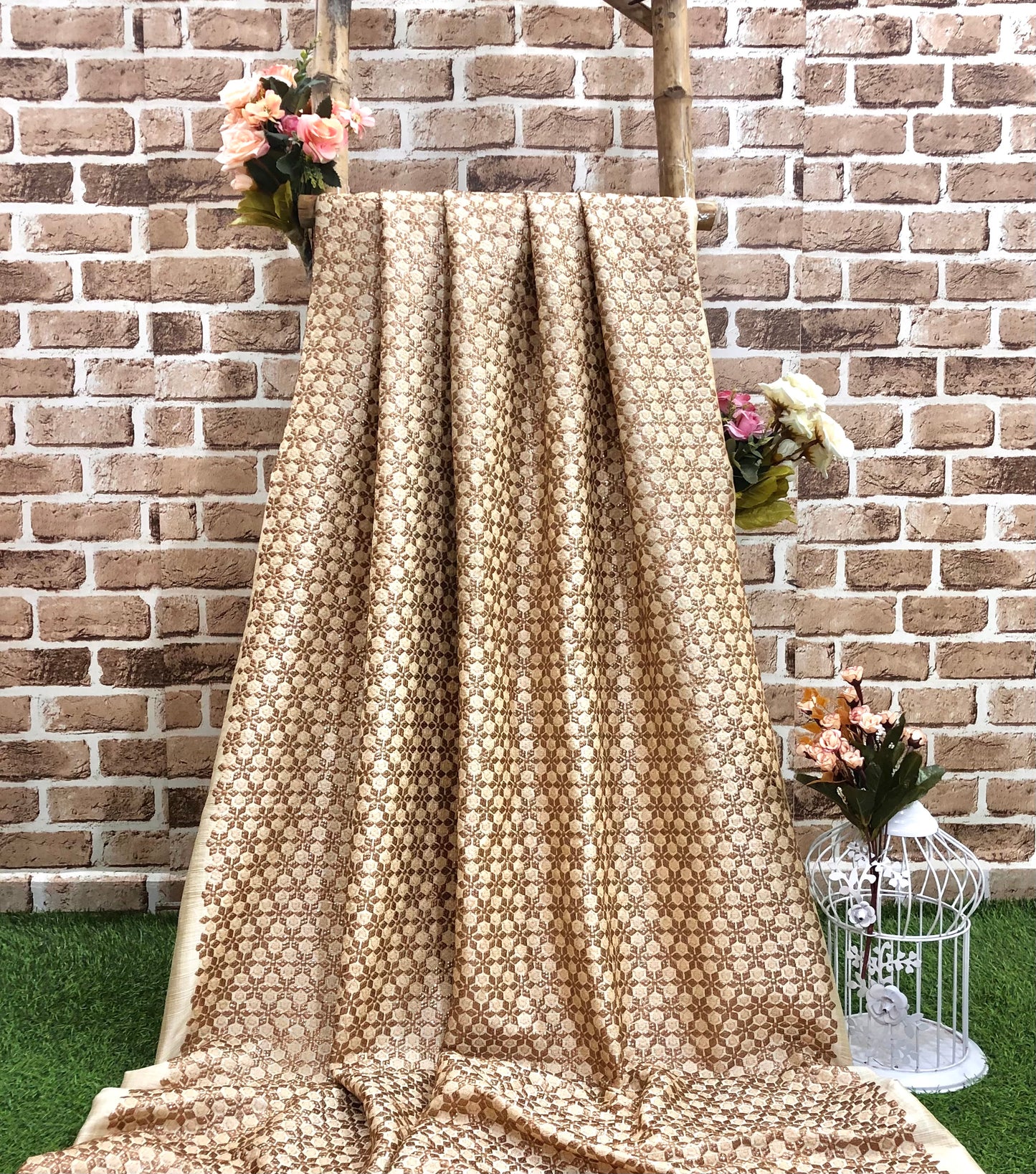 Beige embroidered fabric, Royal fabric, Embroidery design, Fabric store, Wedding dress, Bridesmaid dress, Gold flower, Luxury fabric - NFAF820