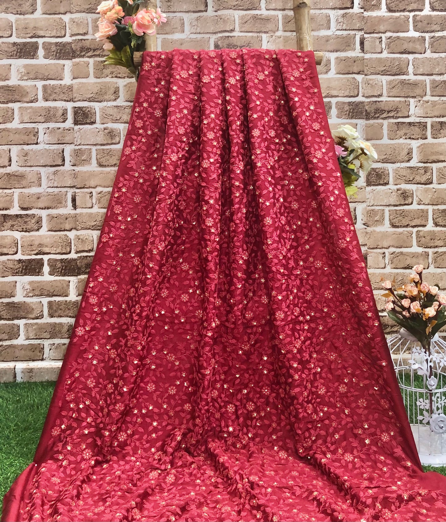 Embroidered fabric Red Silver Embroidery Rayon Silk Fabric Wedding Dress Bridal Floral Embroidery Lehenga Fabric by the yard - NFAF43