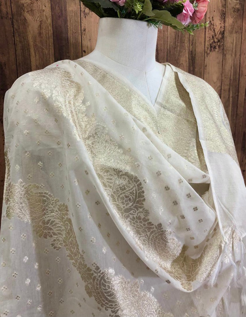 White Chanderi Cotton Silk Brocade Dupatta for Women, Stole, Scarf, shawl, abaya, Chuniri, Indian Chunni, Banarasi Dupatta, DP005