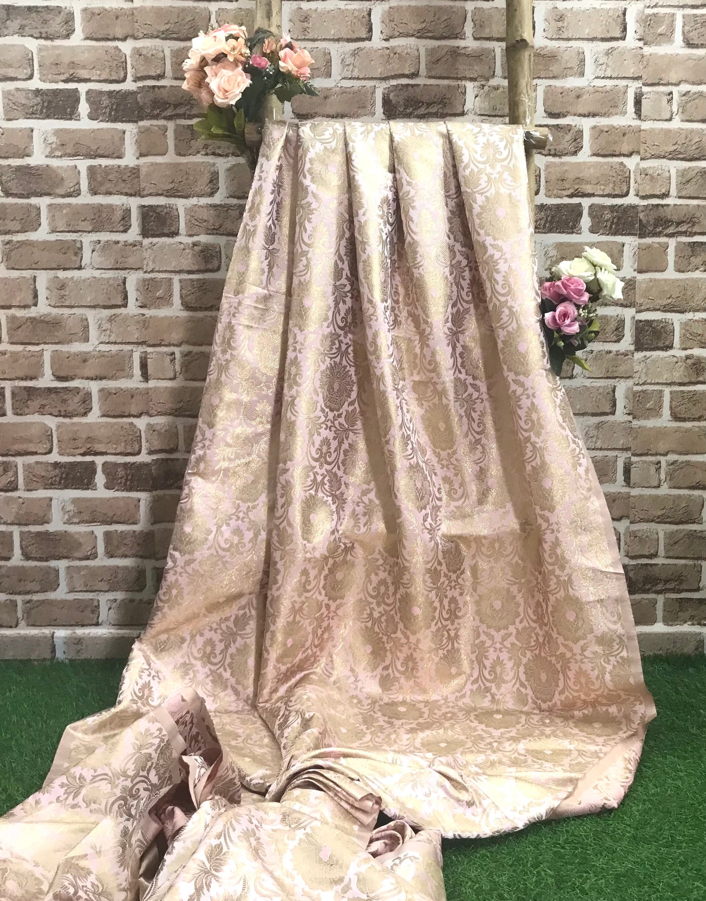 Banarasi Brocade Fabric, Pink gold designer fabric, Rayon silk brocade, Damask jacquard brocade, Floral brocade, Brocade Satin - NFAF2007