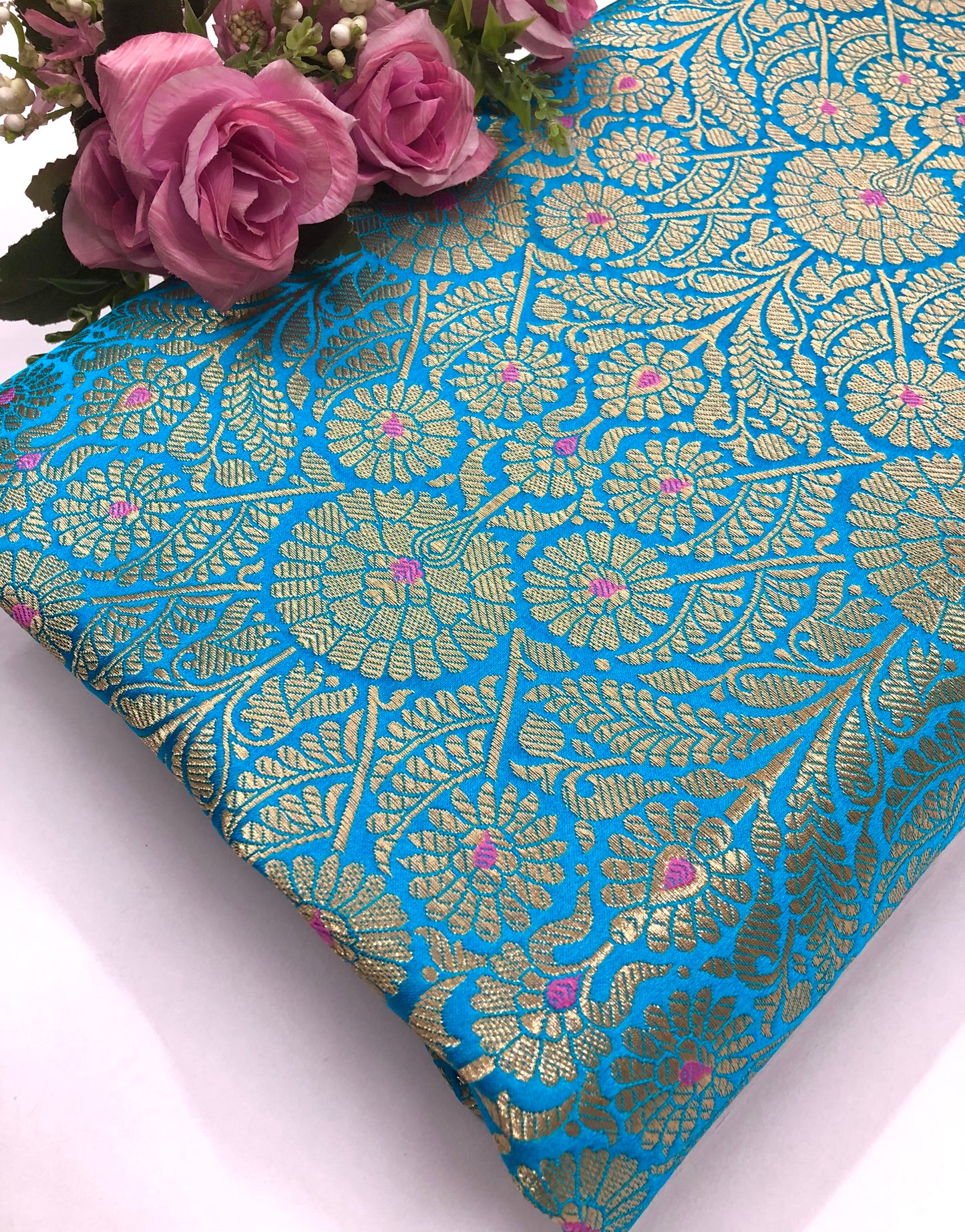 Indian Banarasi Brocade Fabric, Blue Gold Jacquard fabric, Floral brocade, Rayon silk brocade, Fabric by the yard/meter - NFAF1091