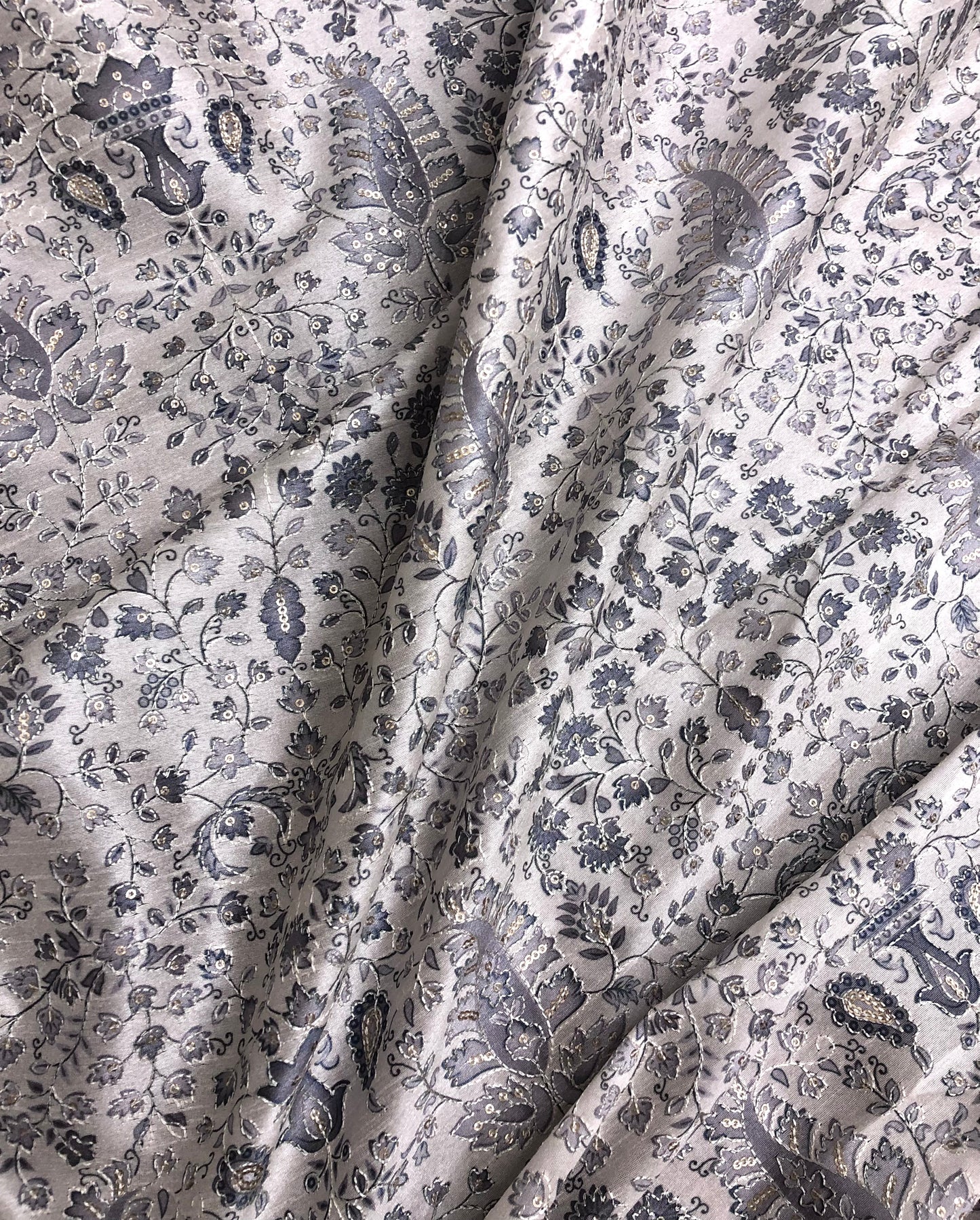 Gray off-White Embroidered fabric Silver Embroidery Printed Fabric Dupioni Silk Wedding Dress Fabric Gown Fabric by the yard - NFAF645
