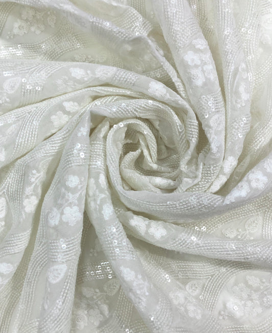 Embroidered fabric Silk Georgette White Wedding dress fabric Luxury Designer Bridral Dress fabric Sequins Embroidery Saree Dupatta fabric