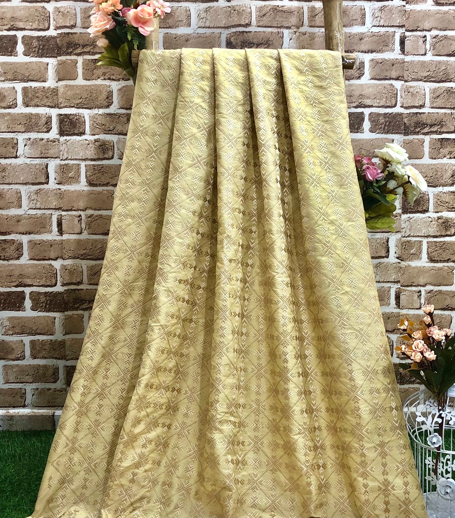 Beige embroidered fabric, Wedding dress, Indian fabric, Thread embroidery, Gold flower, Handmade, Haute couture - NFAF858