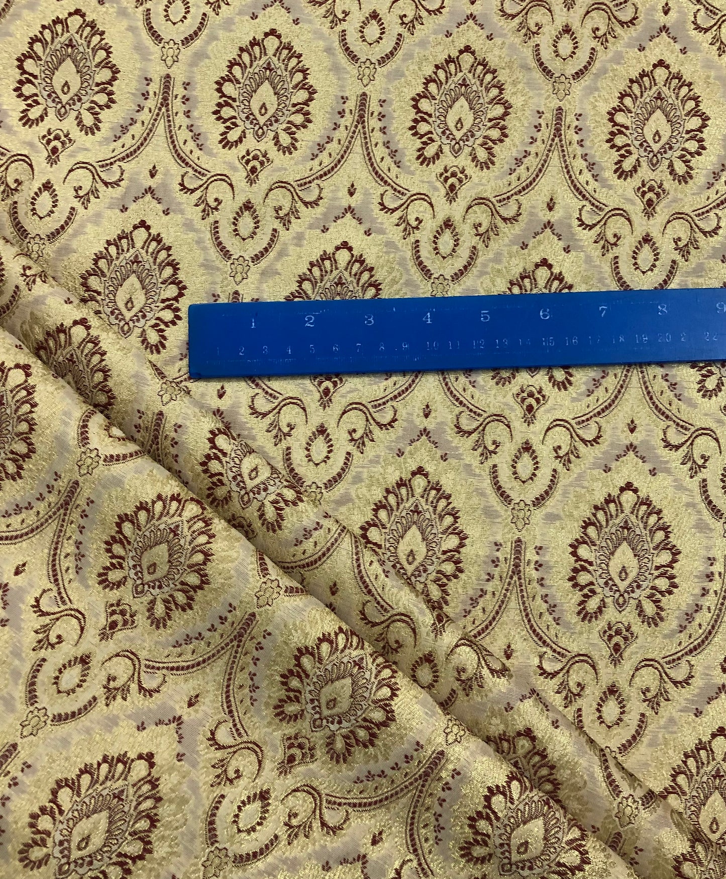 Indian banarasi brocade fabric, Beige maroon damask jacquard brocade fabric, Rayon silk brocade, Historical fabric, Gold fabric - NFAF860