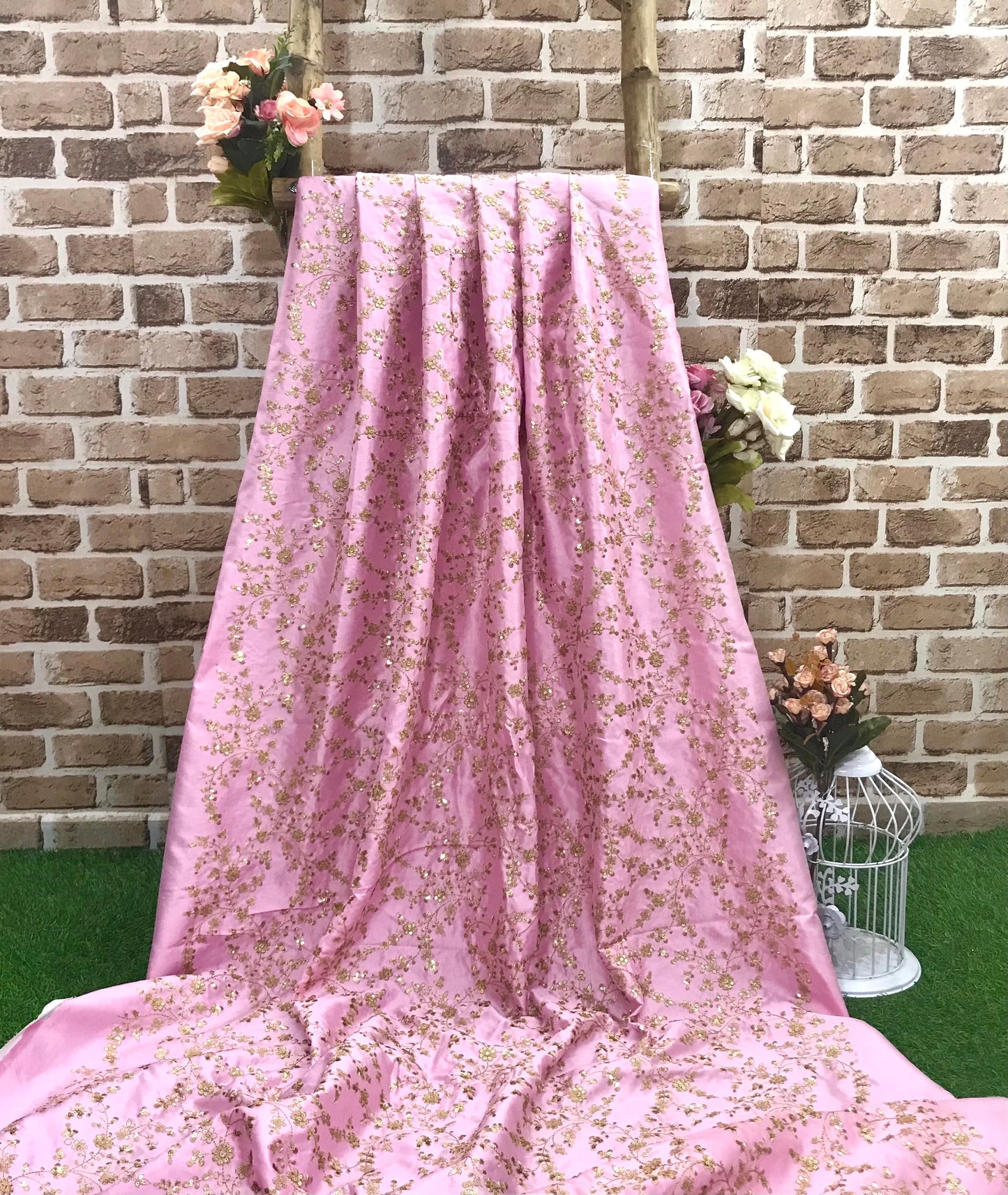 Embroidered fabric, Pink Gold Wedding inspiration fabric, Designer fabric, Embroidery design, Luxury fabric, Bridesmaid dress, Floral design, Gold fabric - NFAF548